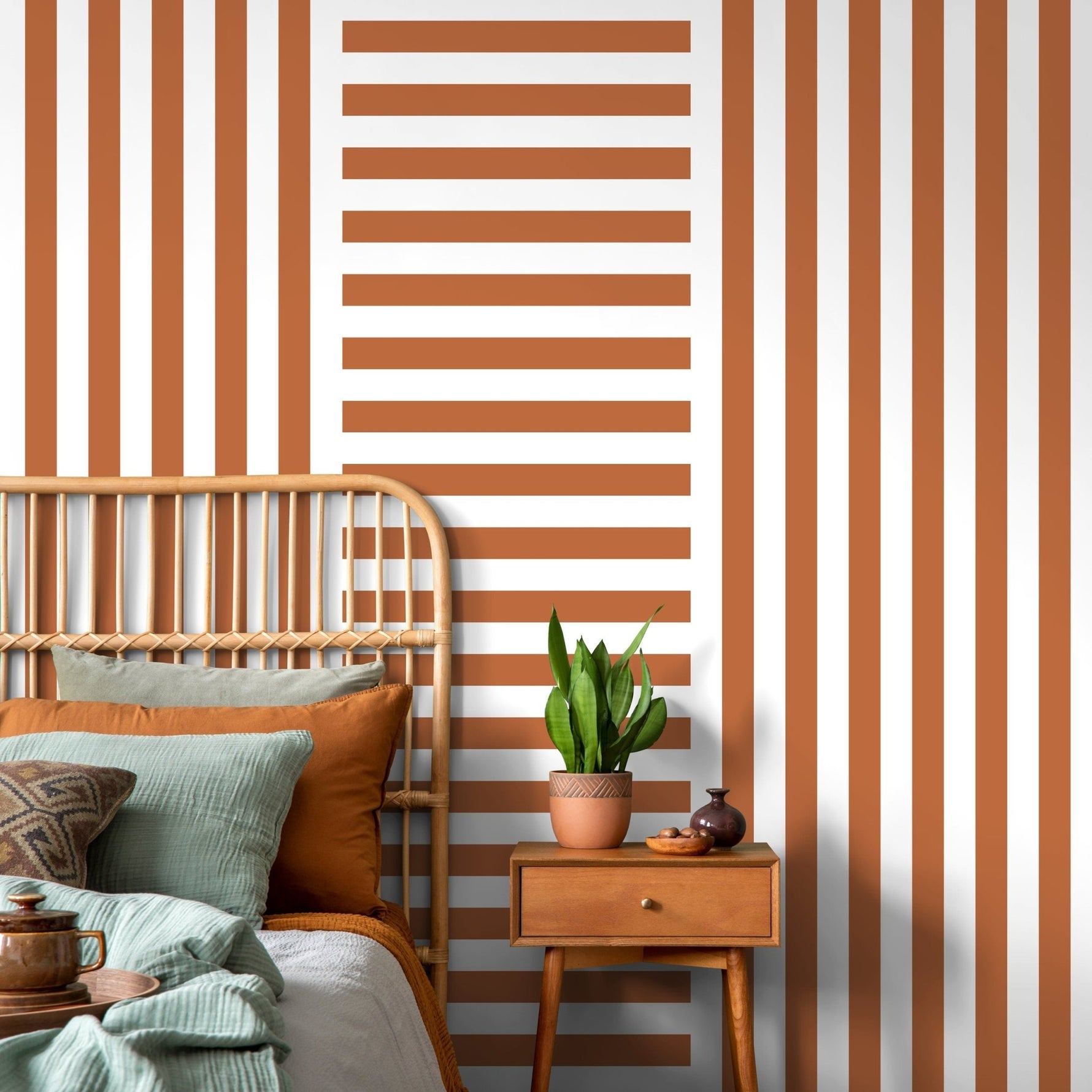 Terracotta Striped Wallpaper Modern Geometric Wallpaper Peel and Stick and Traditional Wallpaper - D739 - WallTrend