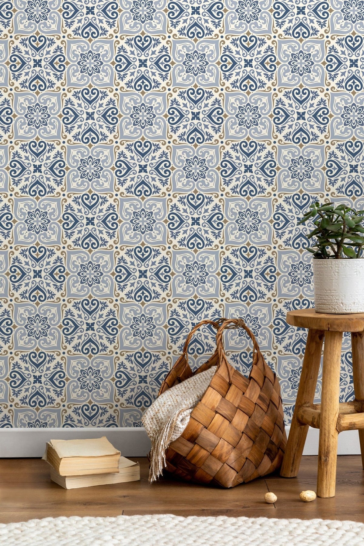 Traditional Blue Damask Wallpaper - D162 - WallTrend
