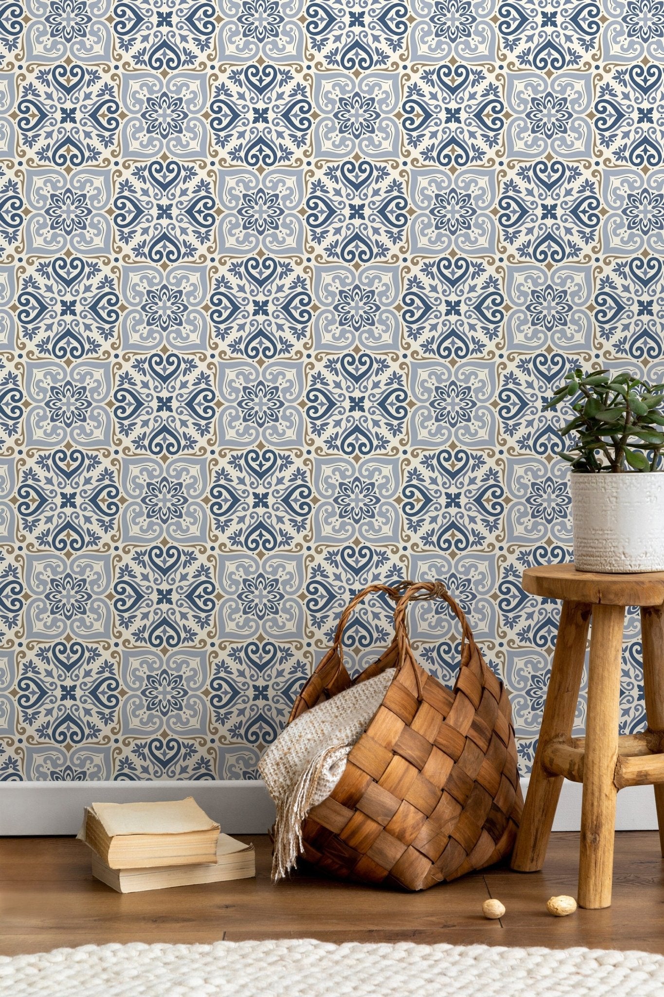 Traditional Blue Damask Wallpaper - D162 - WallTrend