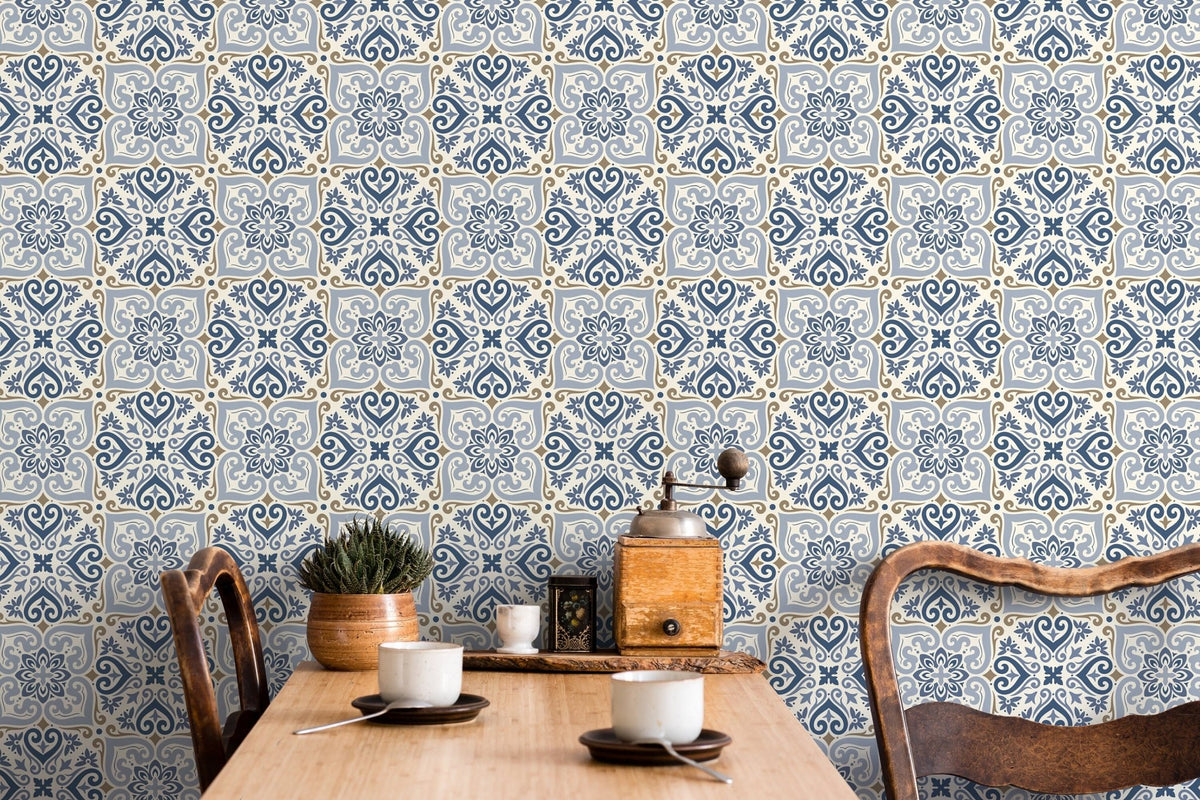 Traditional Blue Damask Wallpaper - D162 - WallTrend
