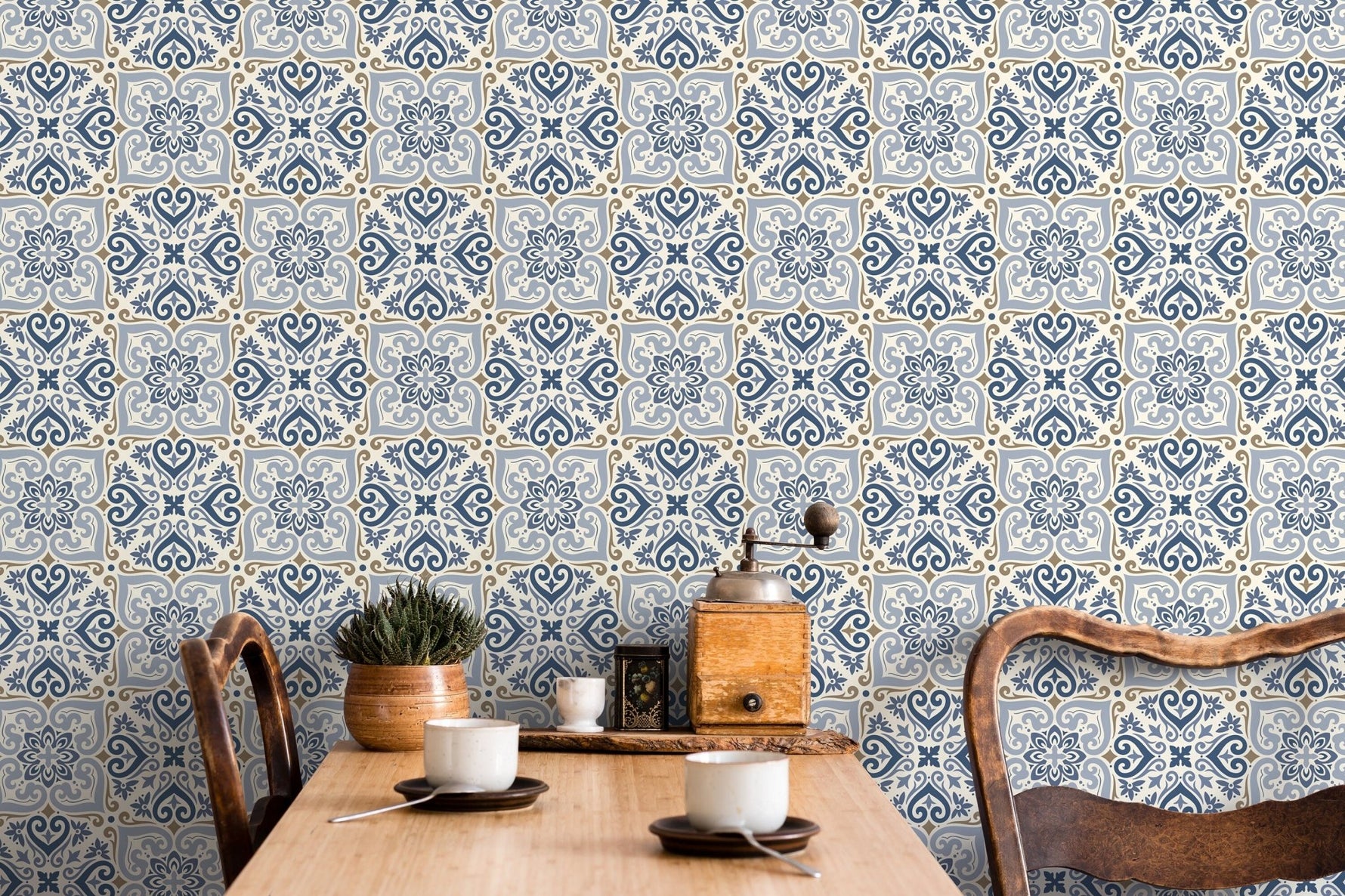 Traditional Blue Damask Wallpaper - D162 - WallTrend