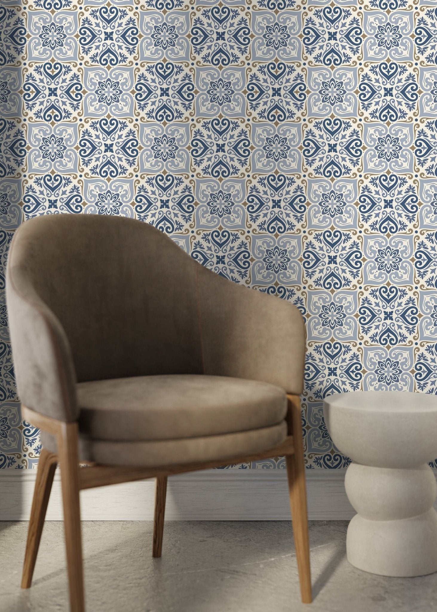 Traditional Blue Damask Wallpaper - D162 - WallTrend