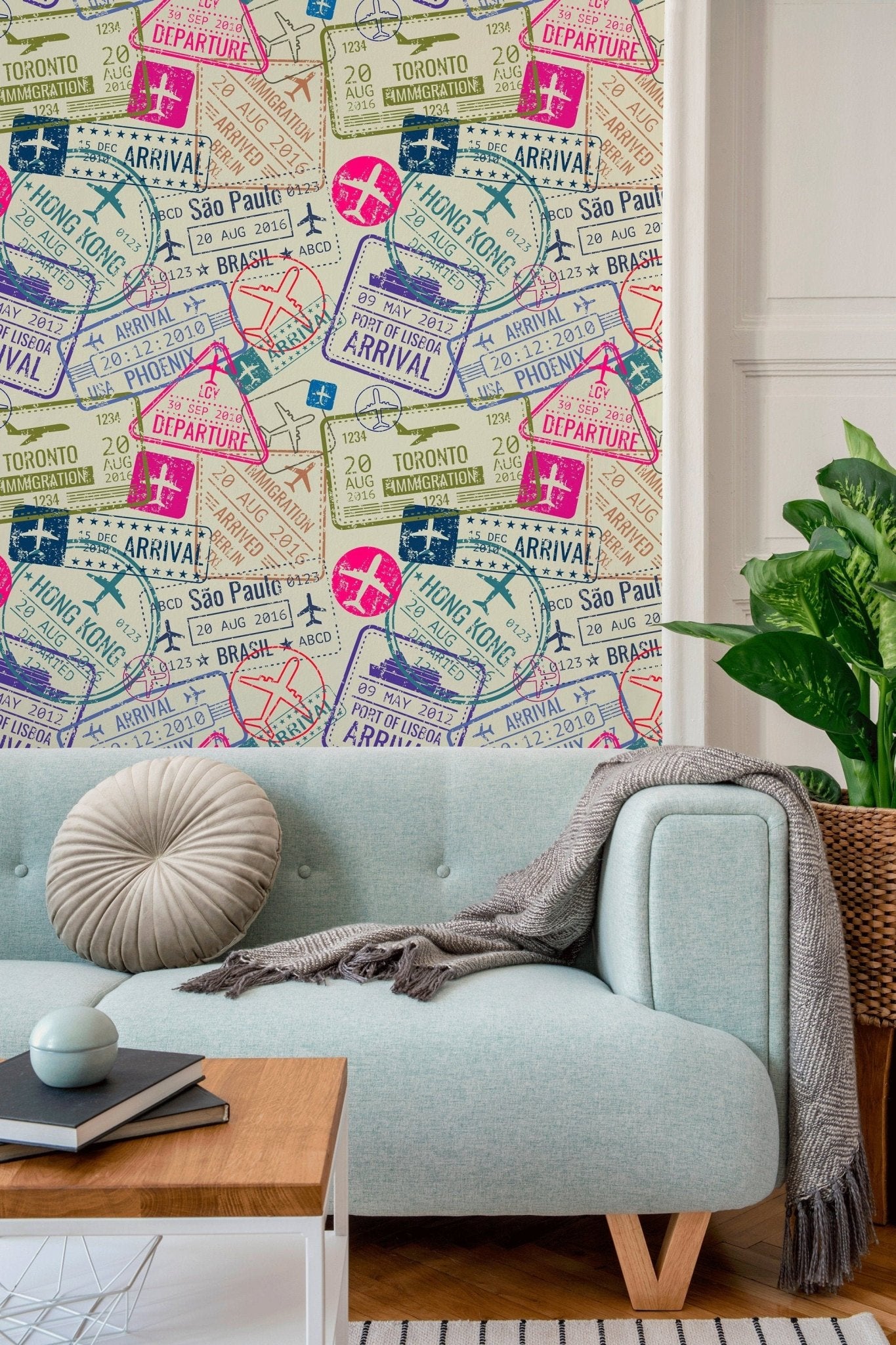 Travel Stamp Collage Wallpaper - B507 - WallTrend