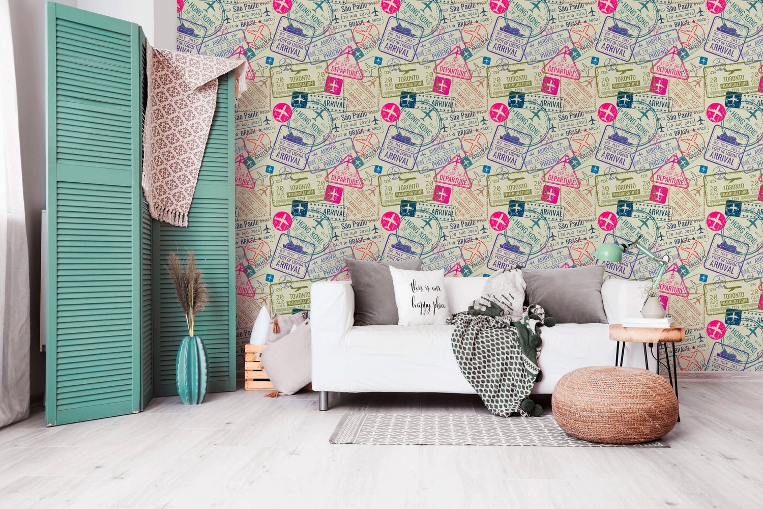 Travel Stamp Collage Wallpaper - B507 - WallTrend