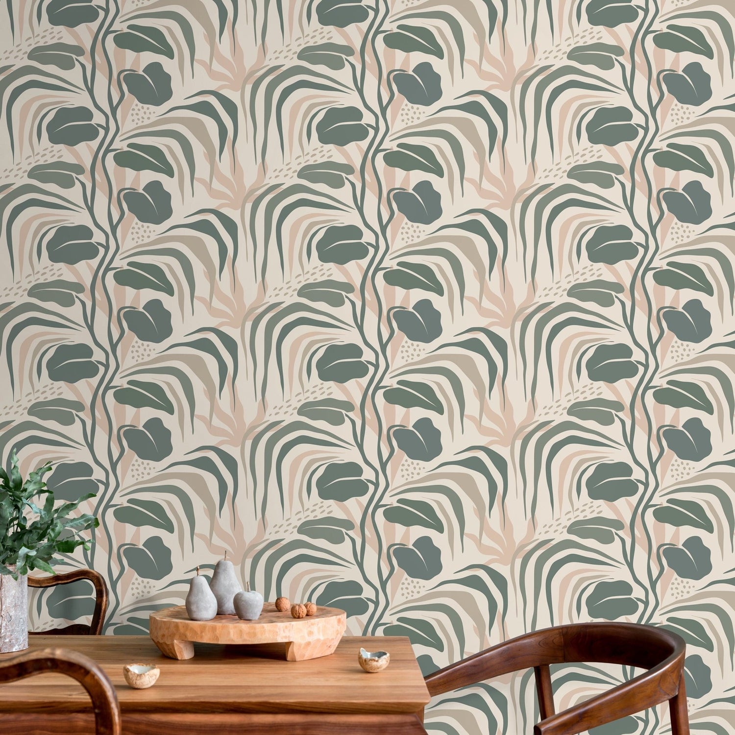 Tropical Green Leaves Wallpaper Boho Wallpaper Peel and Stick and Traditional Wallpaper - D720 - WallTrend