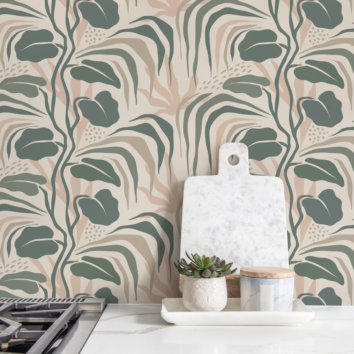 Tropical Green Leaves Wallpaper Boho Wallpaper Peel and Stick and Traditional Wallpaper - D720 - WallTrend