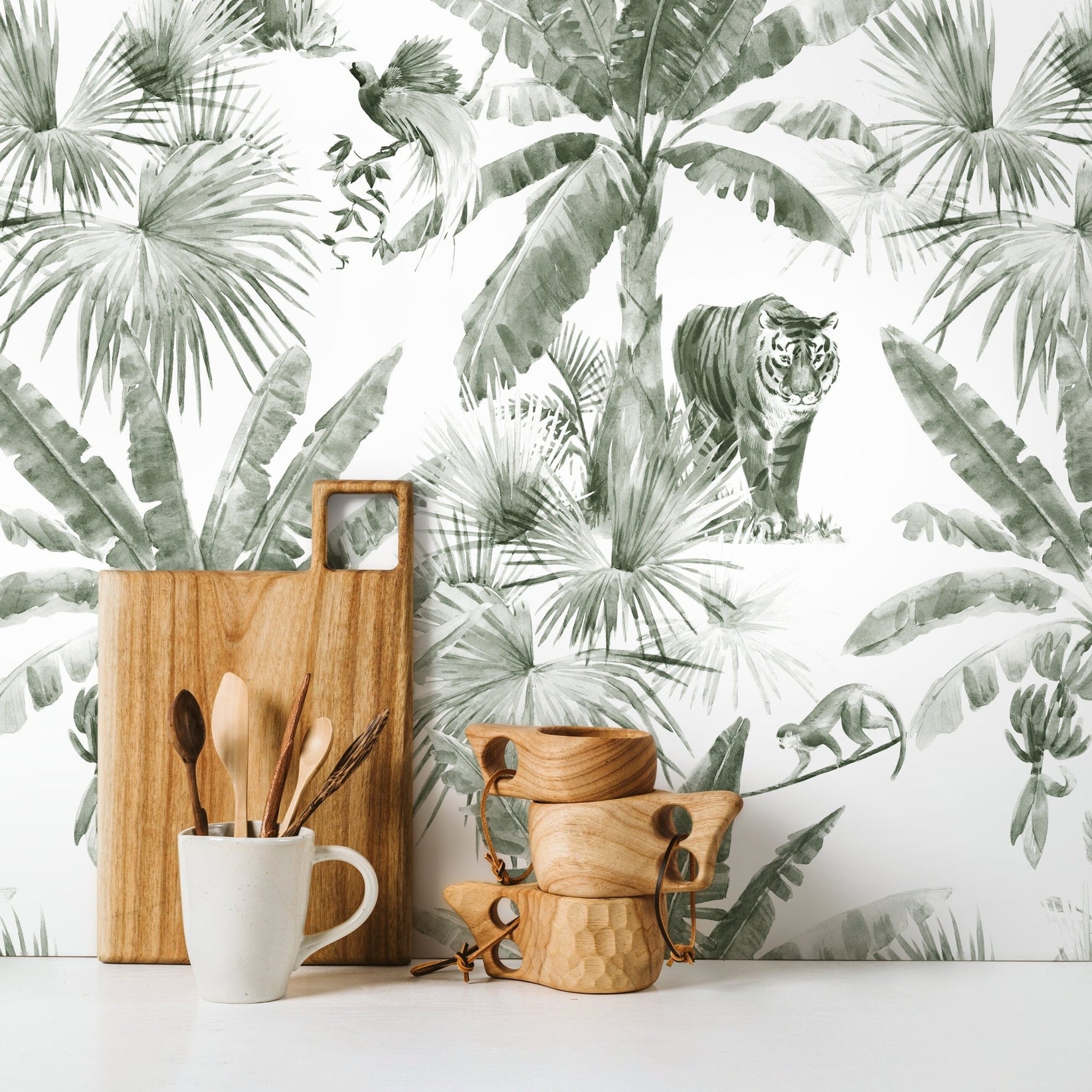 Tropical Jungle Wildlife Watercolor Wallpaper - D646 - WallTrend