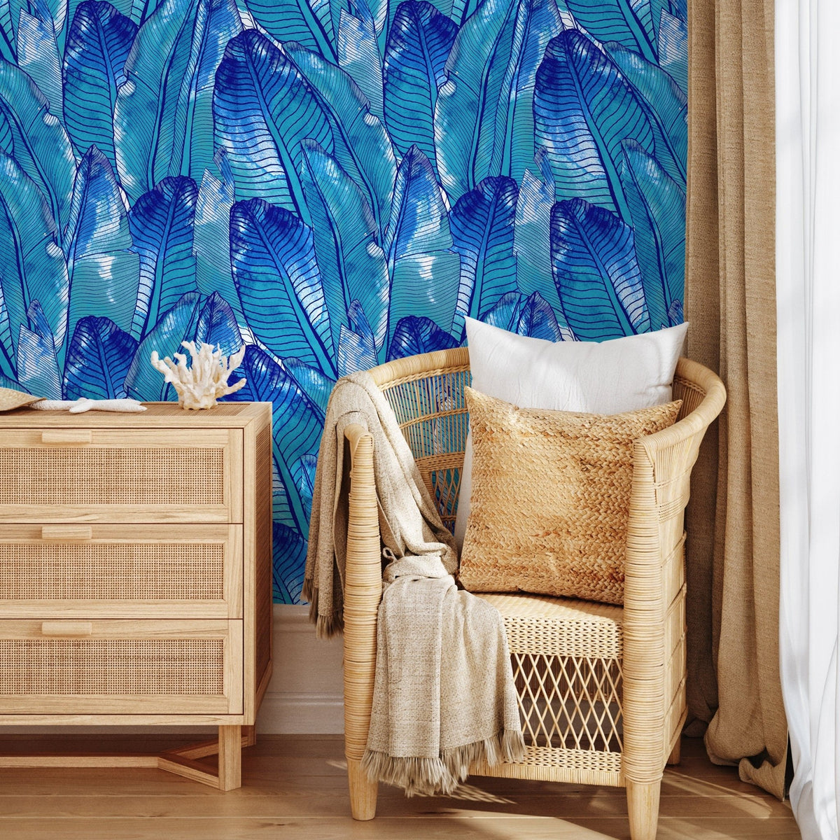 Tropical Wallpaper Blue Banana Leaf Wallpaper Peel and Stick and Traditional Wallpaper - A513 - WallTrend