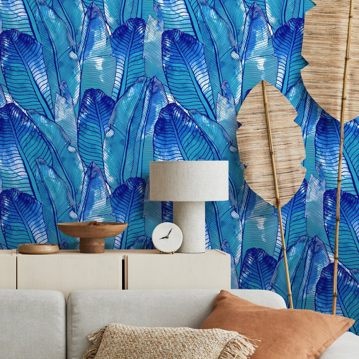 Tropical Wallpaper Blue Banana Leaf Wallpaper Peel and Stick and Traditional Wallpaper - A513 - WallTrend
