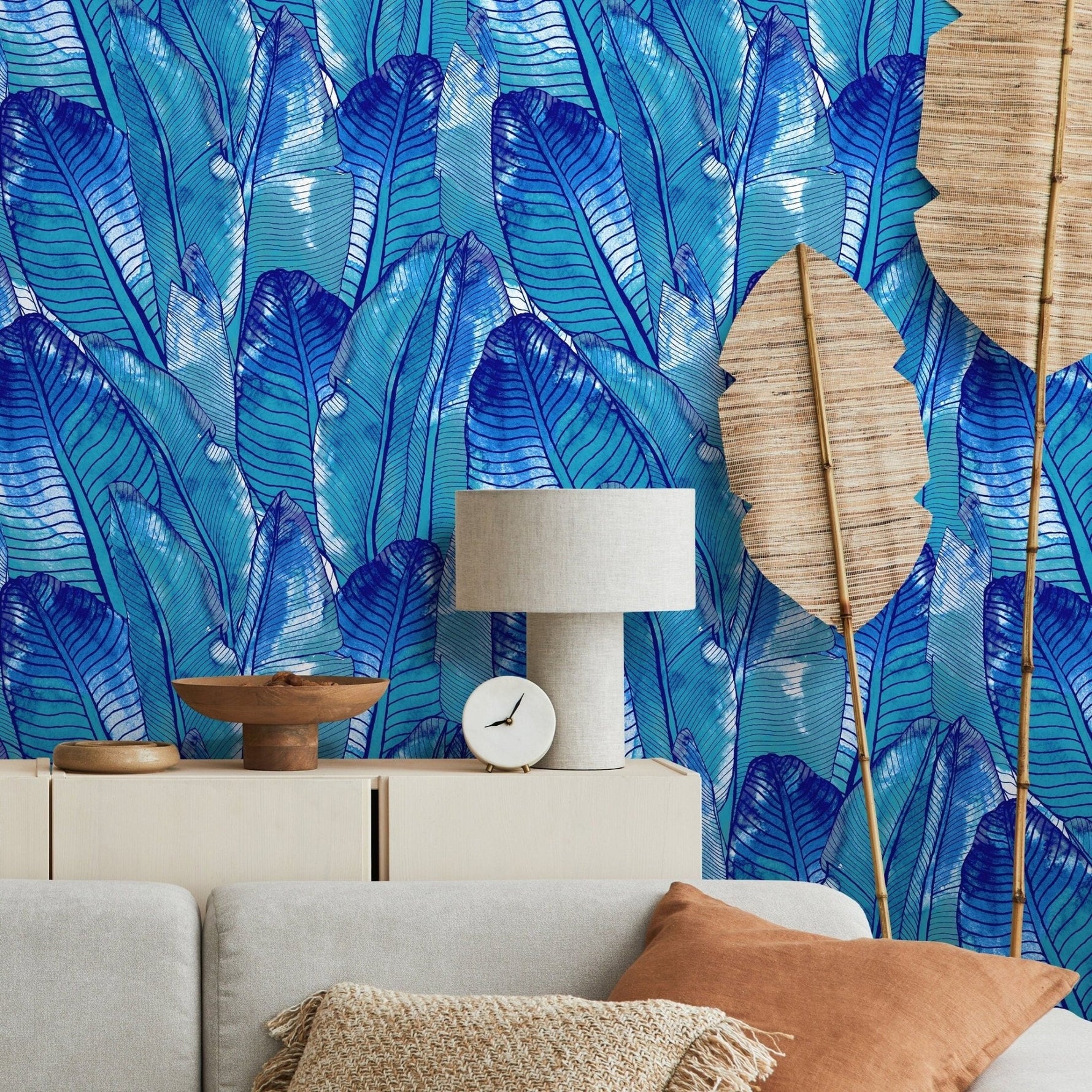 Tropical Wallpaper Blue Banana Leaf Wallpaper Peel and Stick and Traditional Wallpaper - A513 - WallTrend