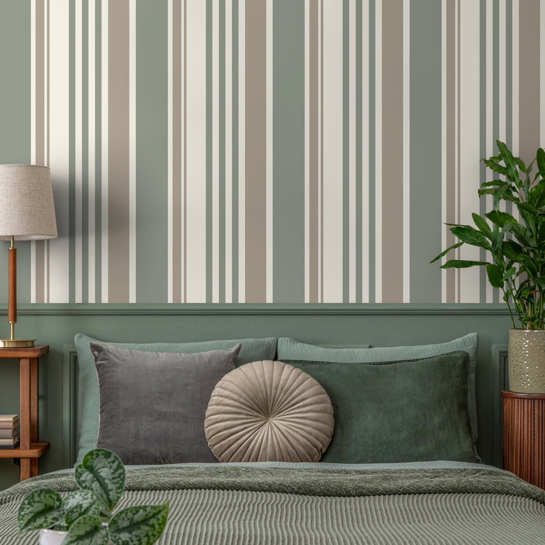 Vertical Striped Wallpaper Green and Grey Wallpaper Peel and Stick and Traditional Wallpaper - D808 - WallTrend