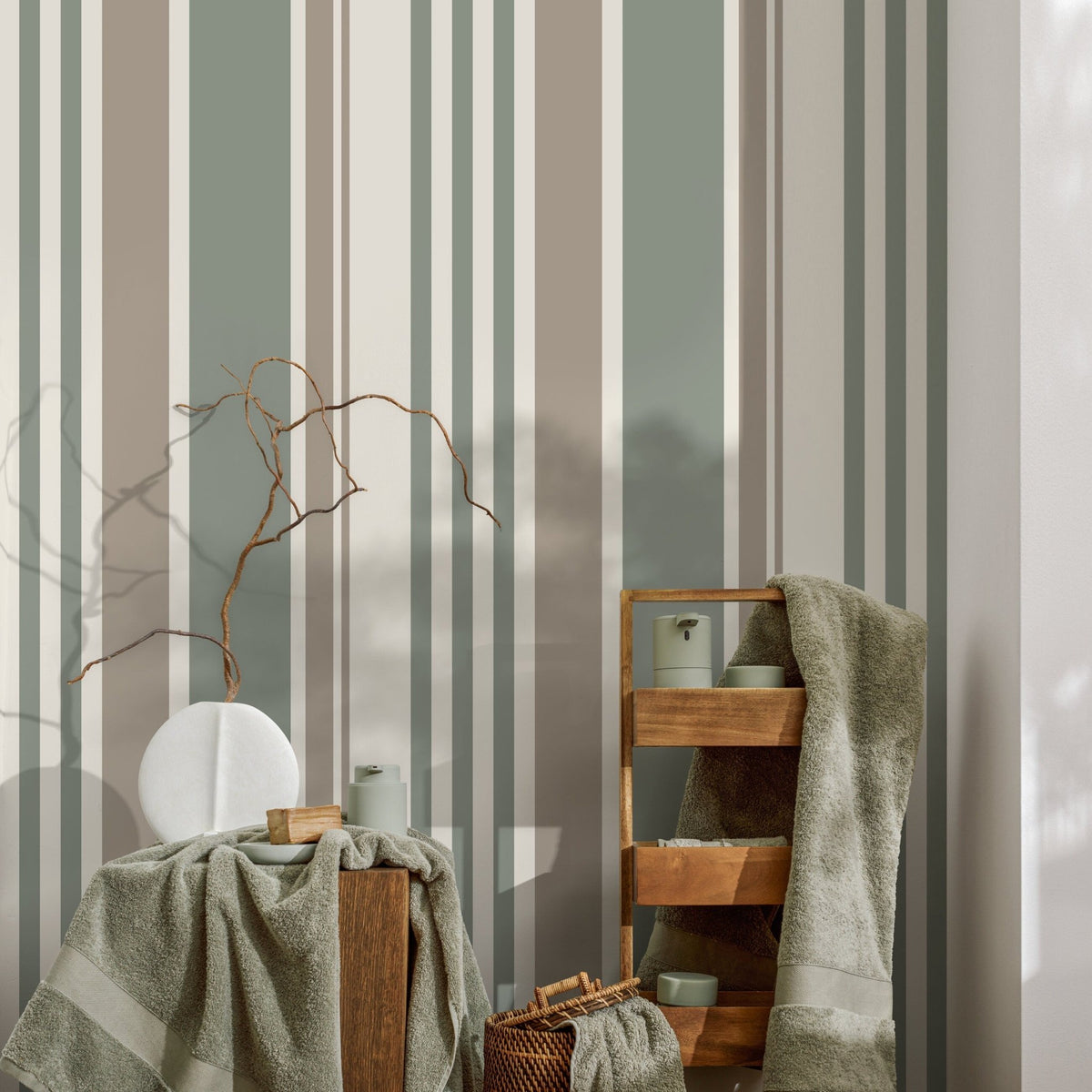 Vertical Striped Wallpaper Green and Grey Wallpaper Peel and Stick and Traditional Wallpaper - D808 - WallTrend