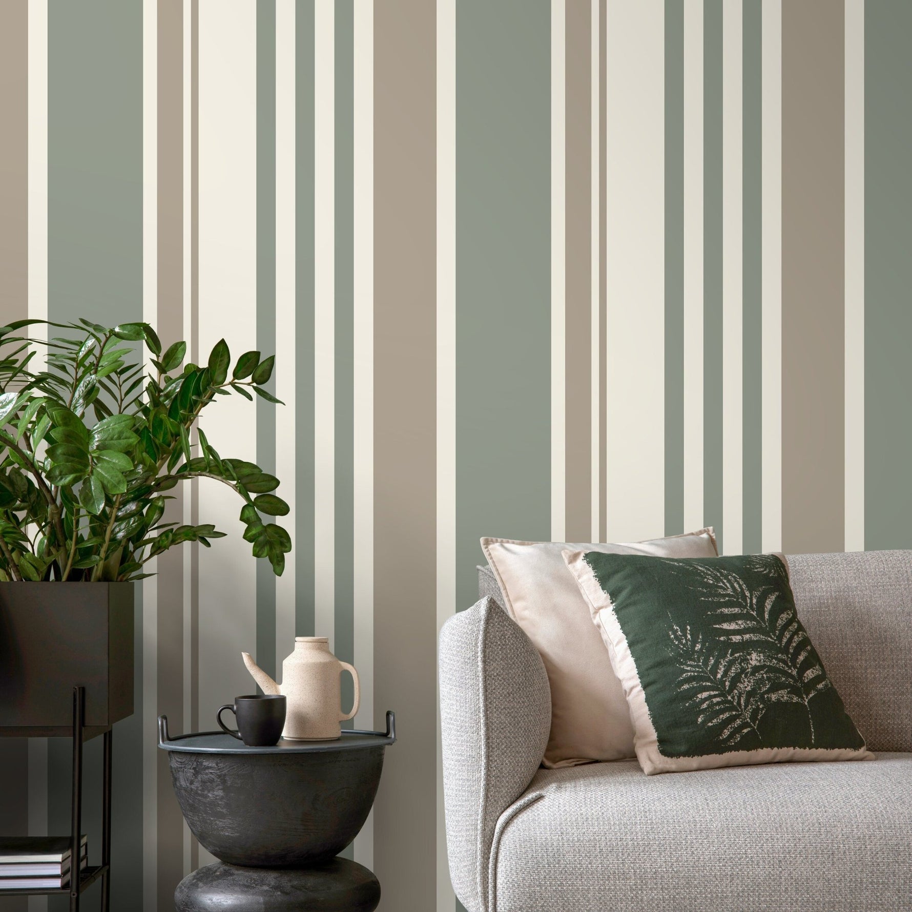 Vertical Striped Wallpaper Green and Grey Wallpaper Peel and Stick and Traditional Wallpaper - D808 - WallTrend