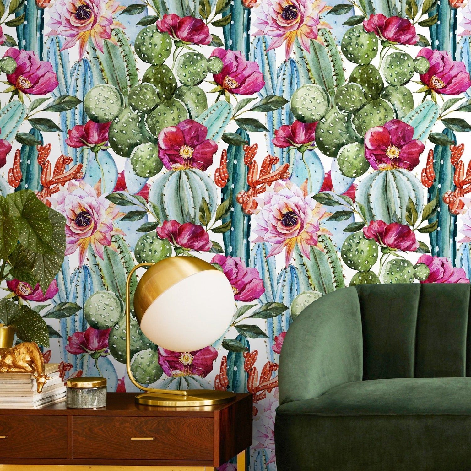 Vibrant Cactus and Floral Medley Wallpaper - A005 - WallTrend