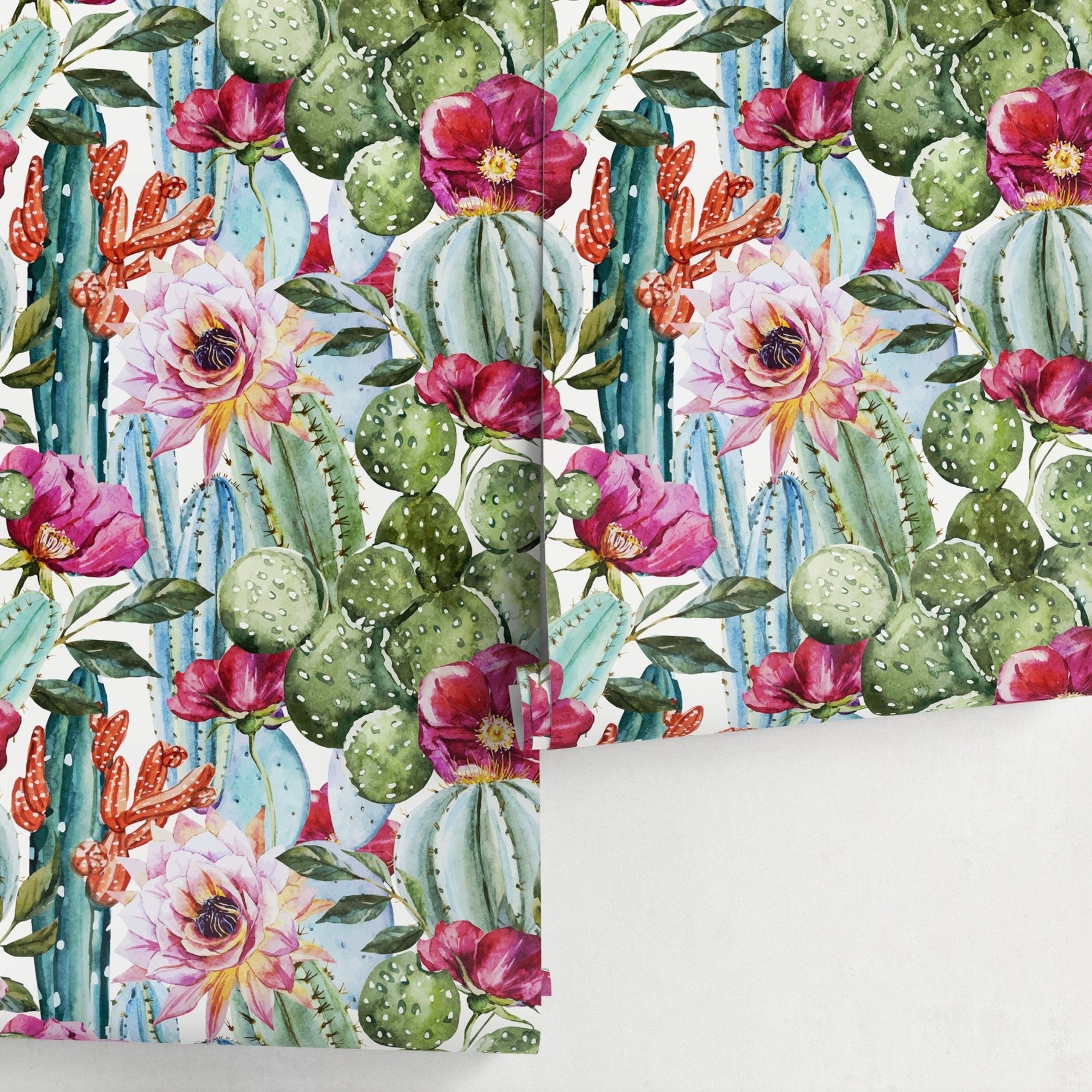Vibrant Cactus and Floral Medley Wallpaper - A005 - WallTrend