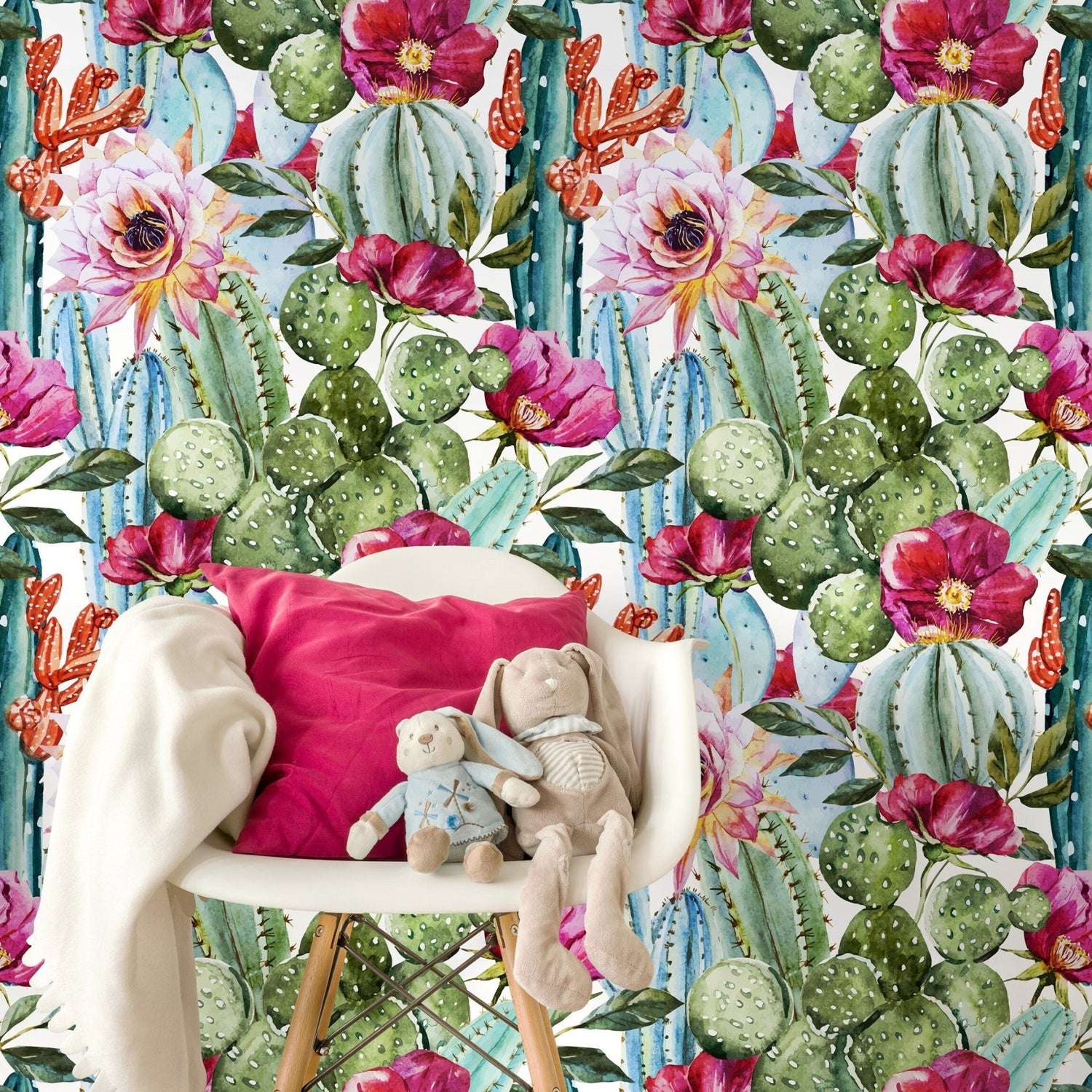 Vibrant Cactus and Floral Medley Wallpaper - A005 - WallTrend
