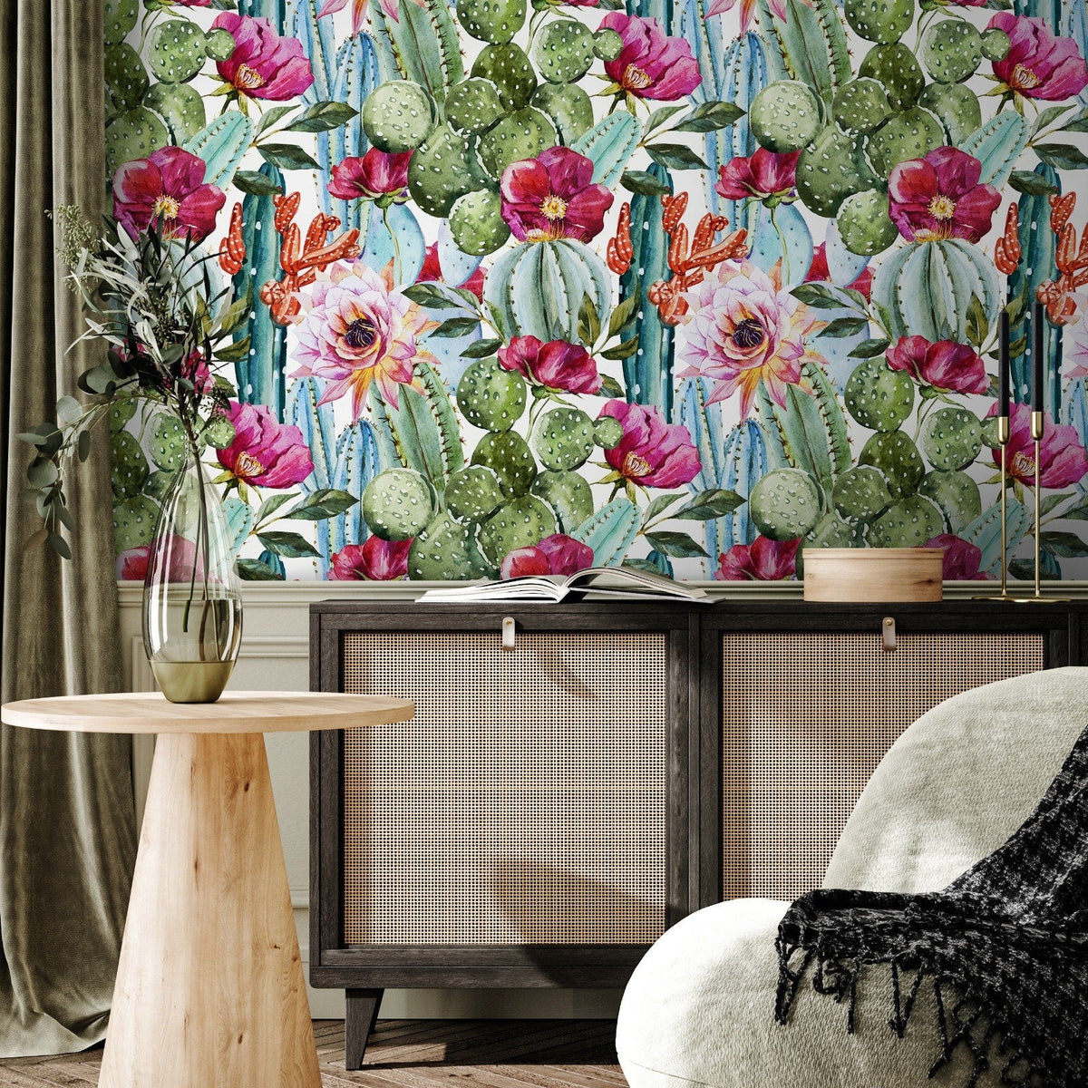 Vibrant Cactus and Floral Medley Wallpaper - A005 - WallTrend