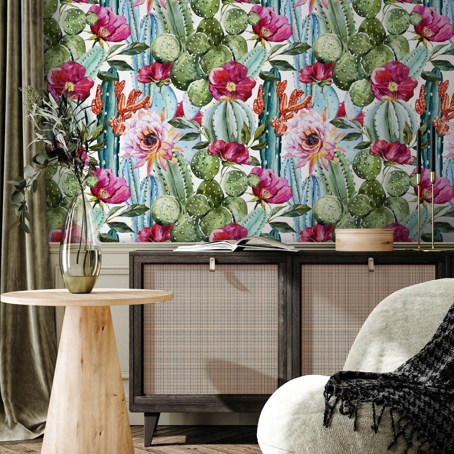 Vibrant Cactus and Floral Medley Wallpaper - A005 - WallTrend