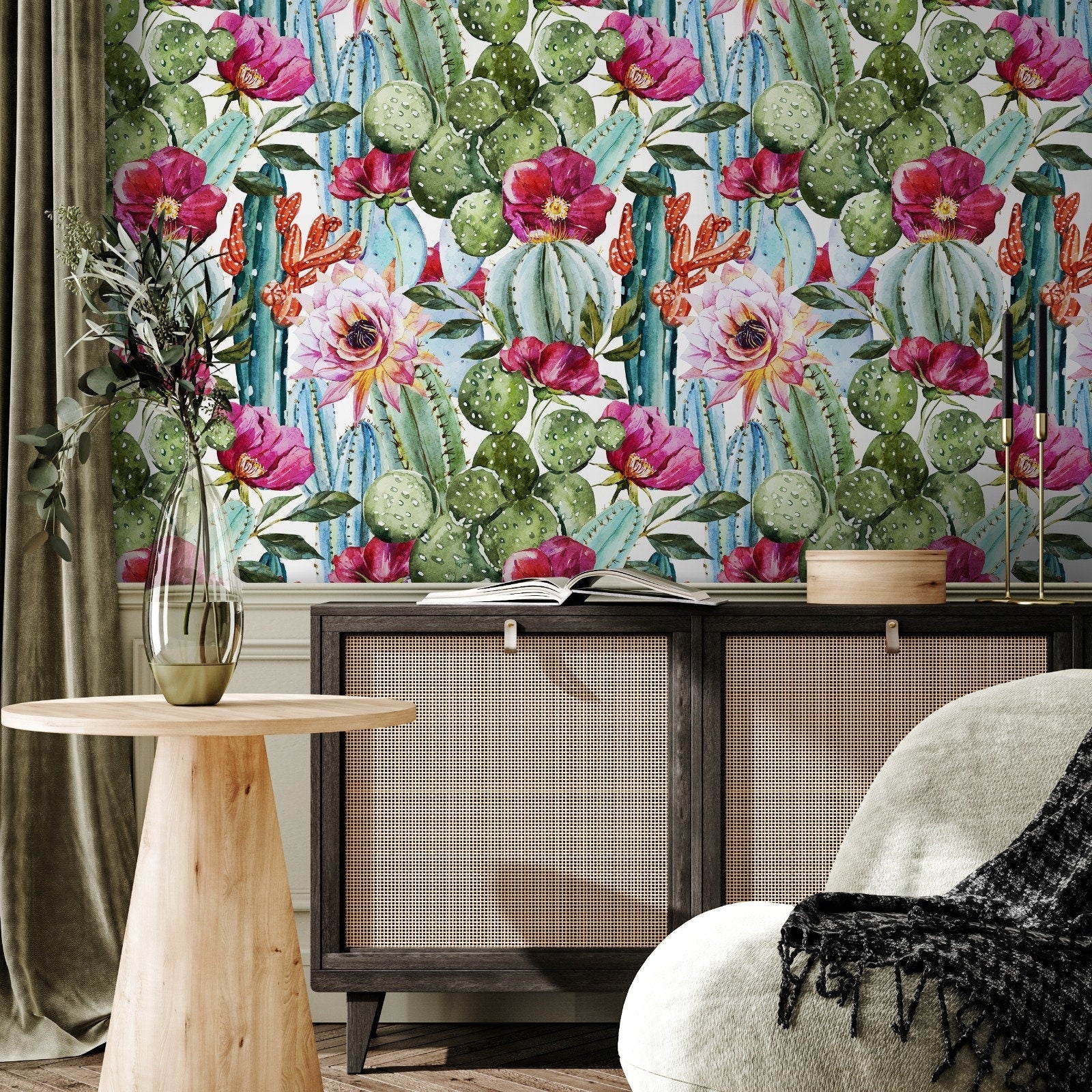 Vibrant Cactus and Floral Medley Wallpaper - A005 - WallTrend