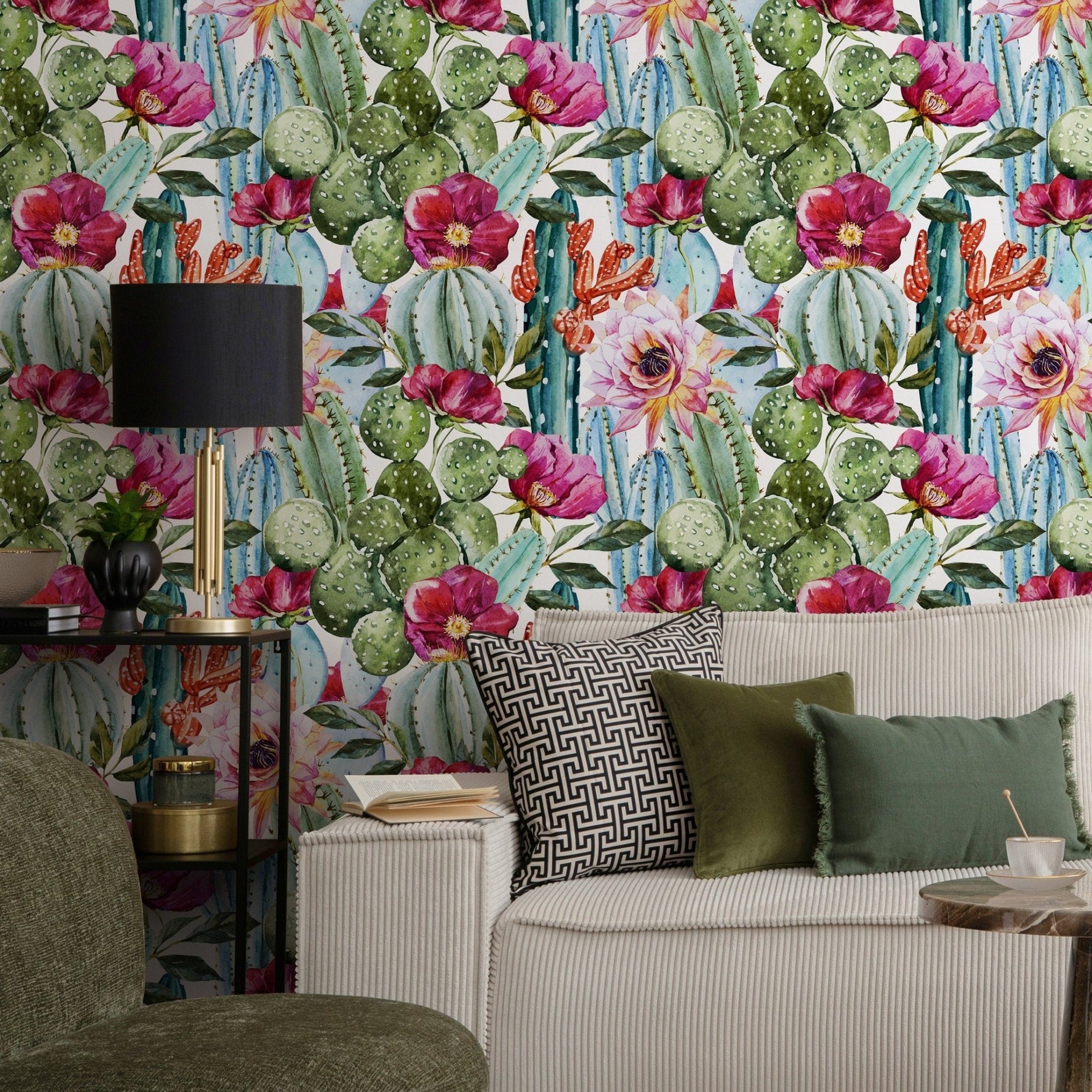Vibrant Cactus and Floral Medley Wallpaper - A005 - WallTrend