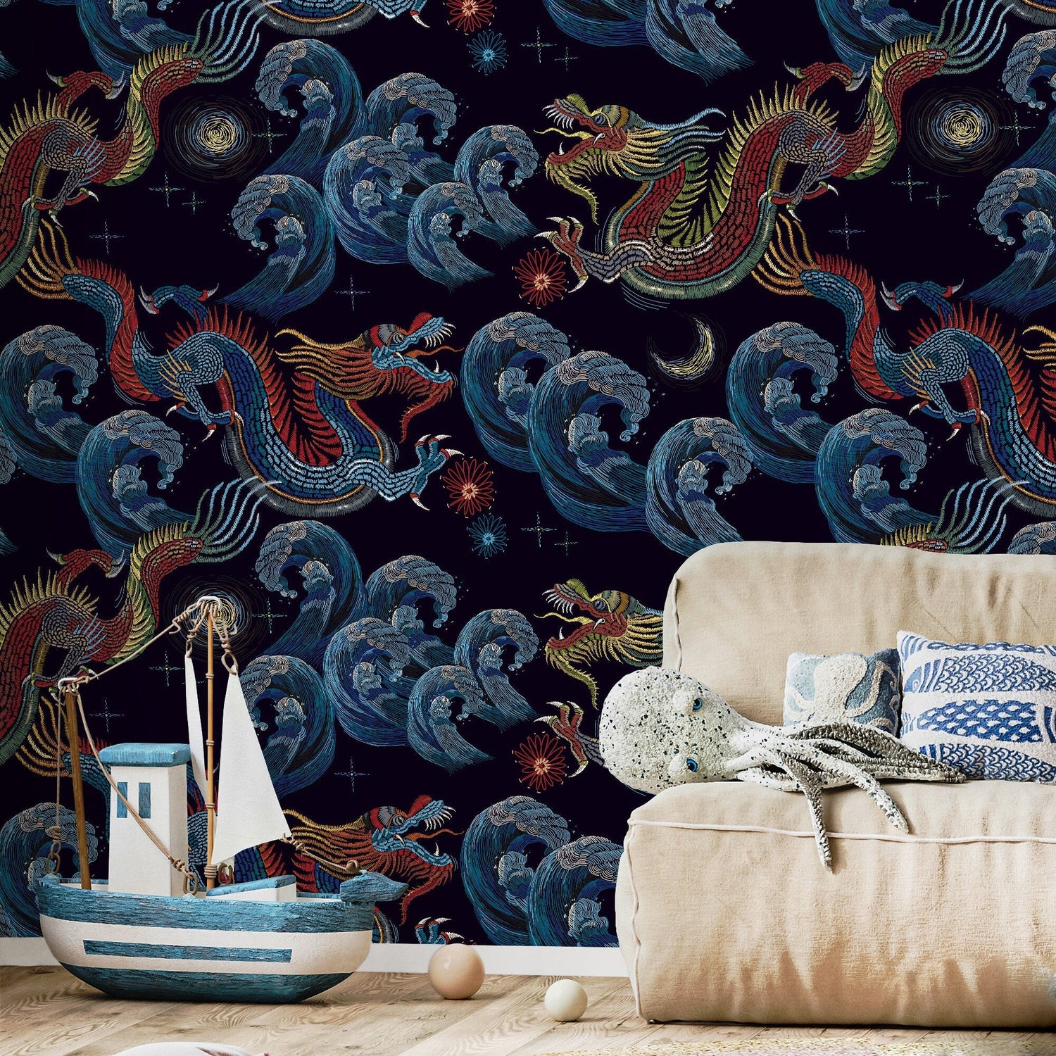 Vintage Chinoiserie Wallpaper Dragon Maximalist Wallpaper Peel and Stick and Traditional Wallpaper - D875 - WallTrend