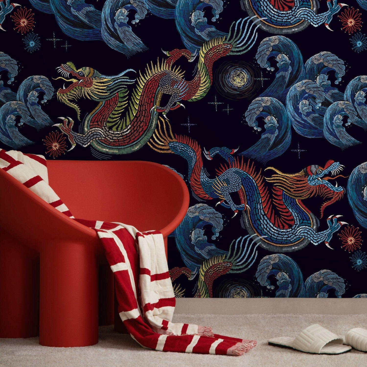 Vintage Chinoiserie Wallpaper Dragon Maximalist Wallpaper Peel and Stick and Traditional Wallpaper - D875 - WallTrend