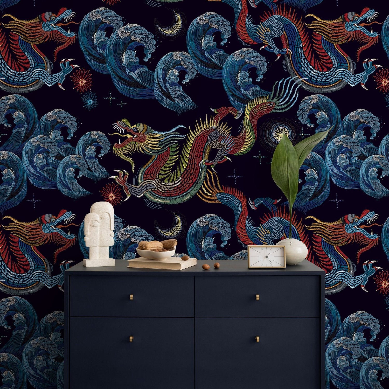 Vintage Chinoiserie Wallpaper Dragon Maximalist Wallpaper Peel and Stick and Traditional Wallpaper - D875 - WallTrend