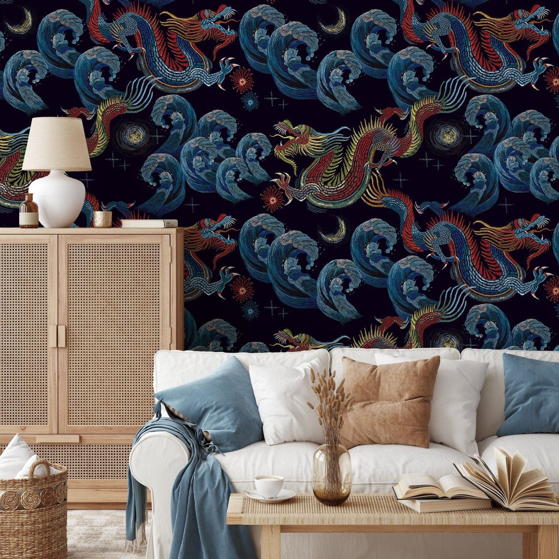 Vintage Chinoiserie Wallpaper Dragon Maximalist Wallpaper Peel and Stick and Traditional Wallpaper - D875 - WallTrend