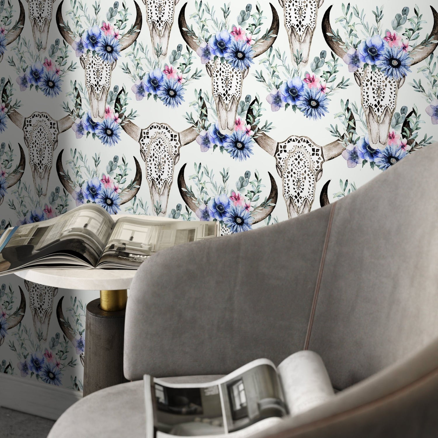 Vintage Floral Wallpaper Goat Skull Wallpaper Peel and Stick and Traditional Wallpaper - D926 - WallTrend