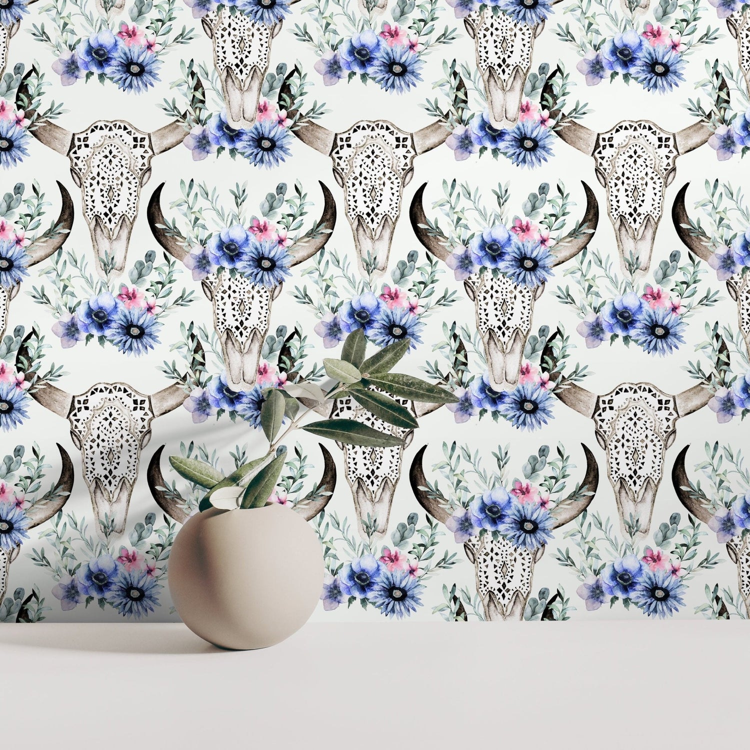 Vintage Floral Wallpaper Goat Skull Wallpaper Peel and Stick and Traditional Wallpaper - D926 - WallTrend