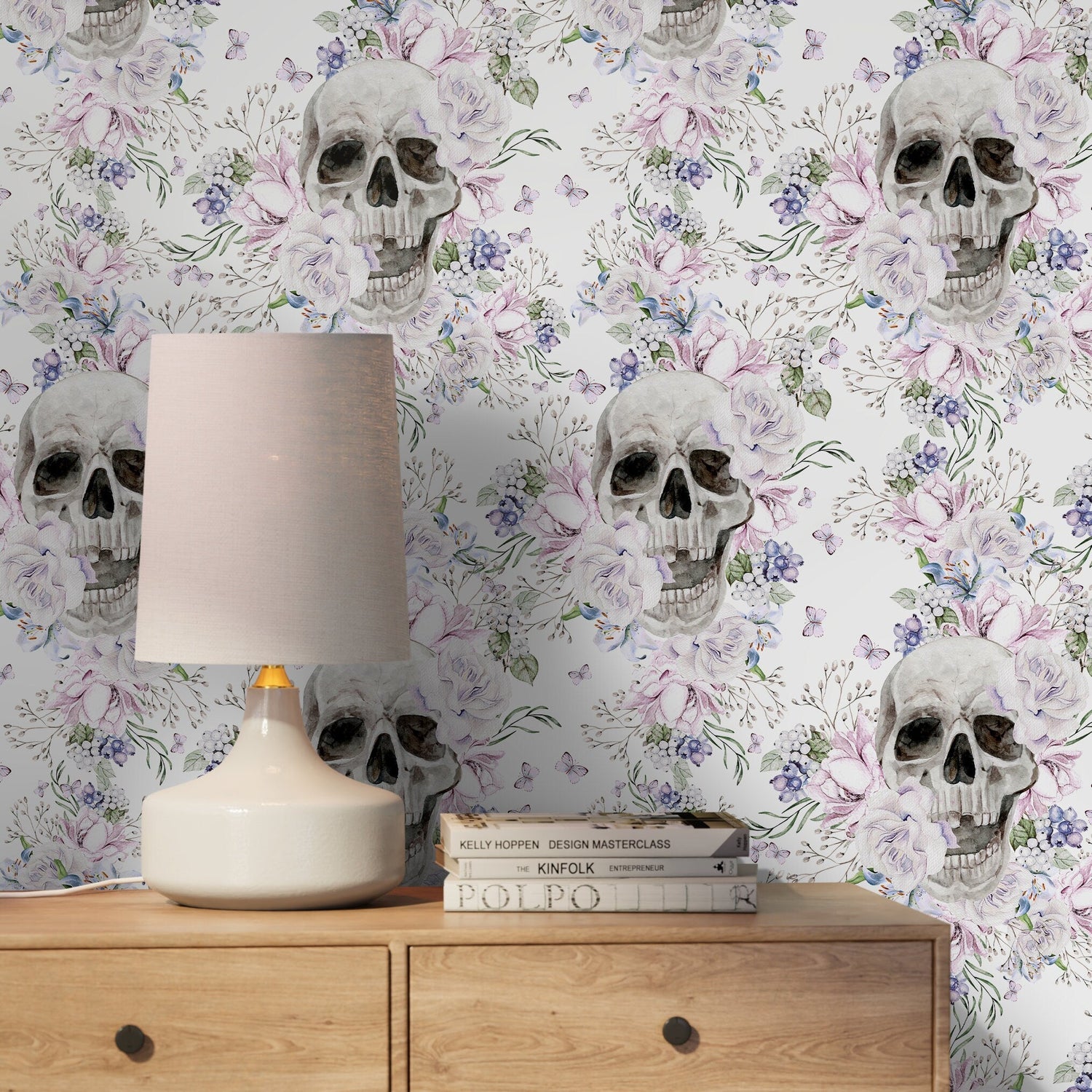 Vintage Floral Wallpaper Light Floral Skull Wallpaper Peel and Stick and Traditional Wallpaper - D930 - WallTrend