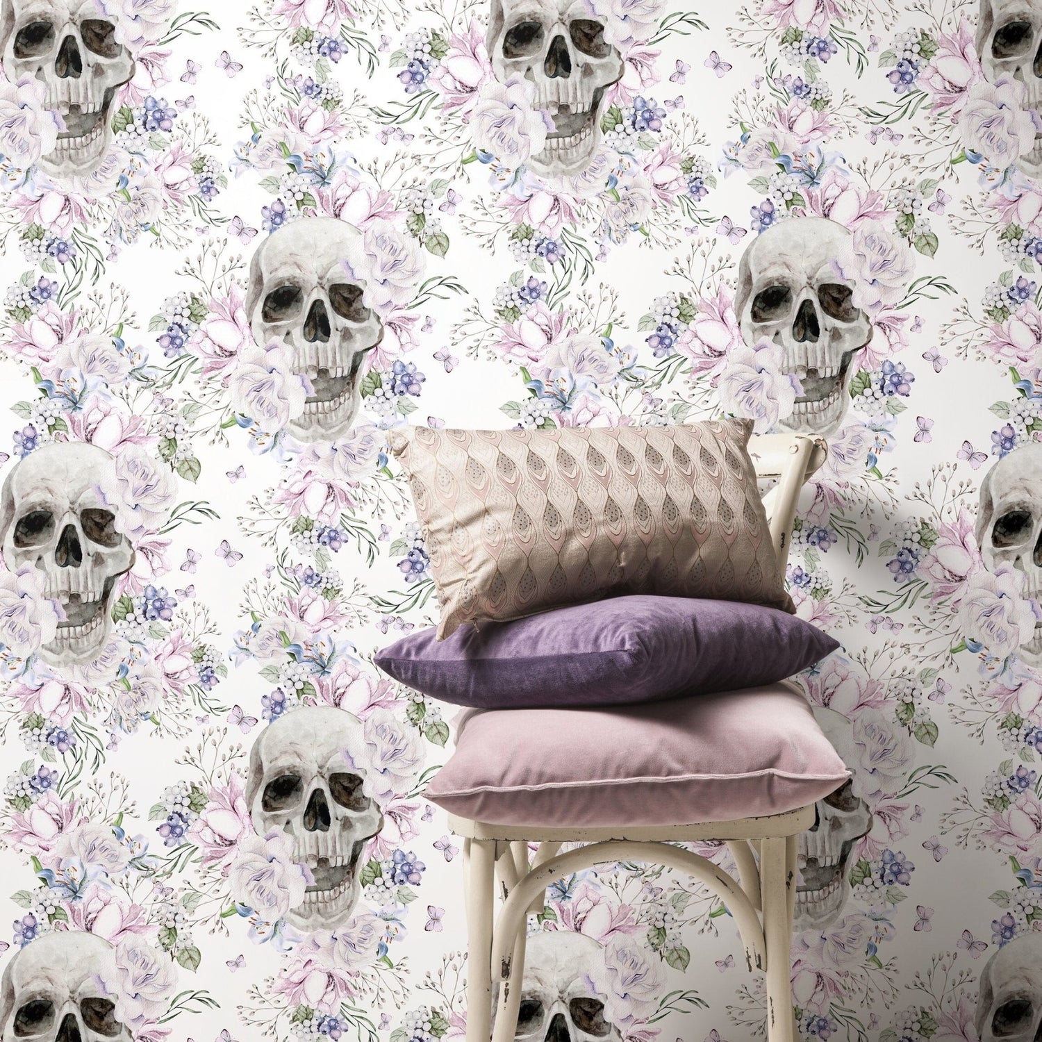 Vintage Floral Wallpaper Light Floral Skull Wallpaper Peel and Stick and Traditional Wallpaper - D930 - WallTrend