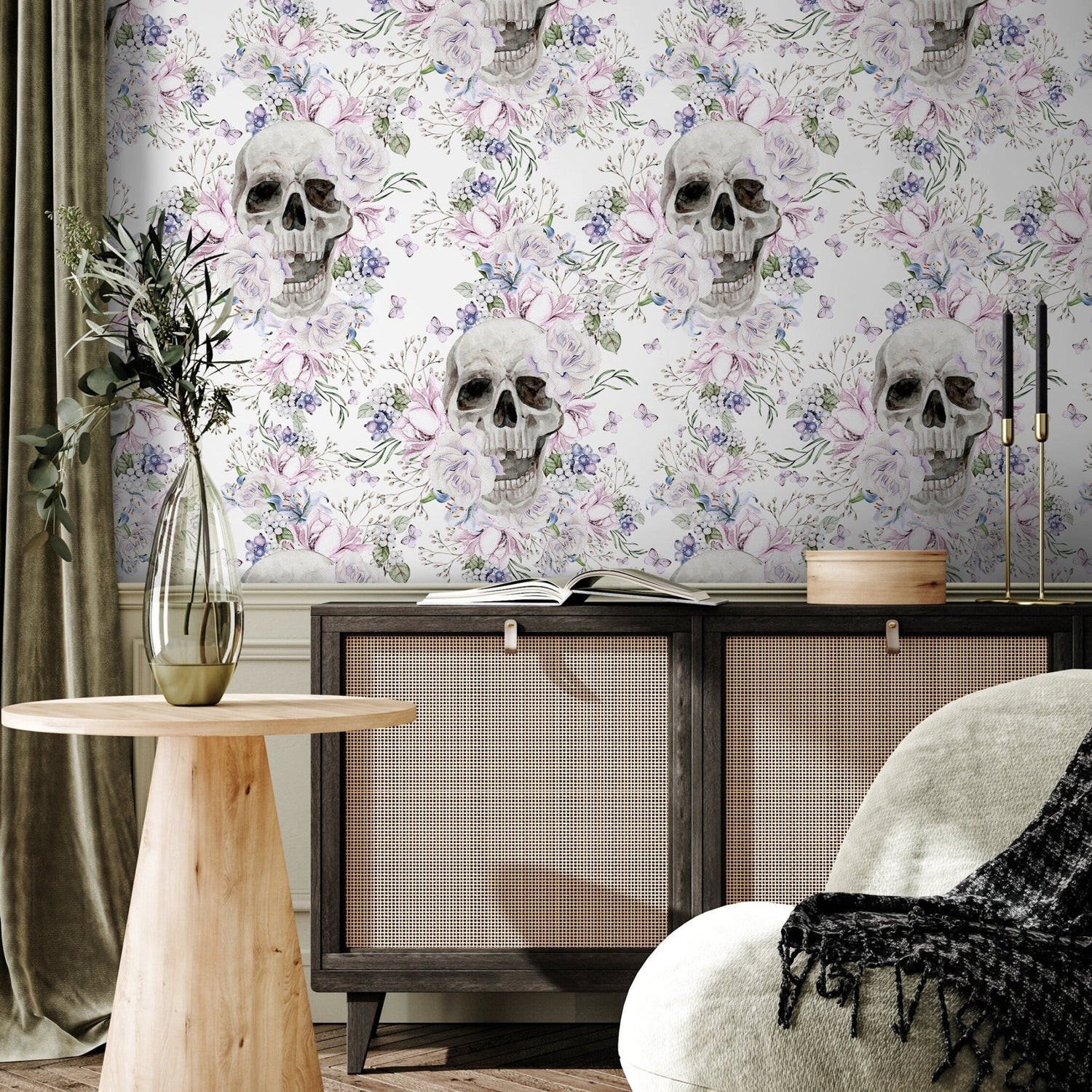 Vintage Floral Wallpaper Light Floral Skull Wallpaper Peel and Stick and Traditional Wallpaper - D930 - WallTrend