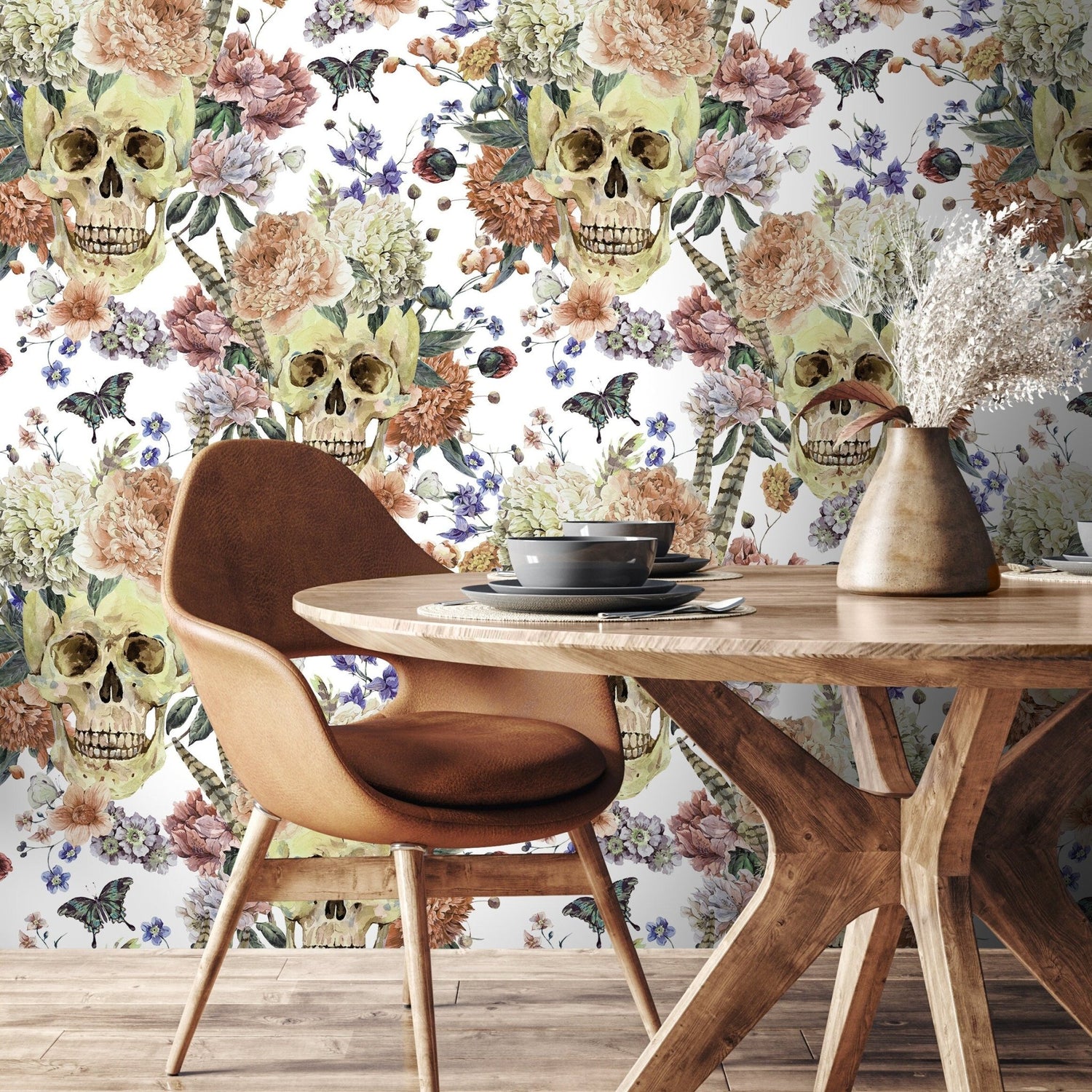 Vintage Floral Wallpaper Roses and Skulls Wallpaper Peel and Stick and Traditional Wallpaper - D923 - WallTrend