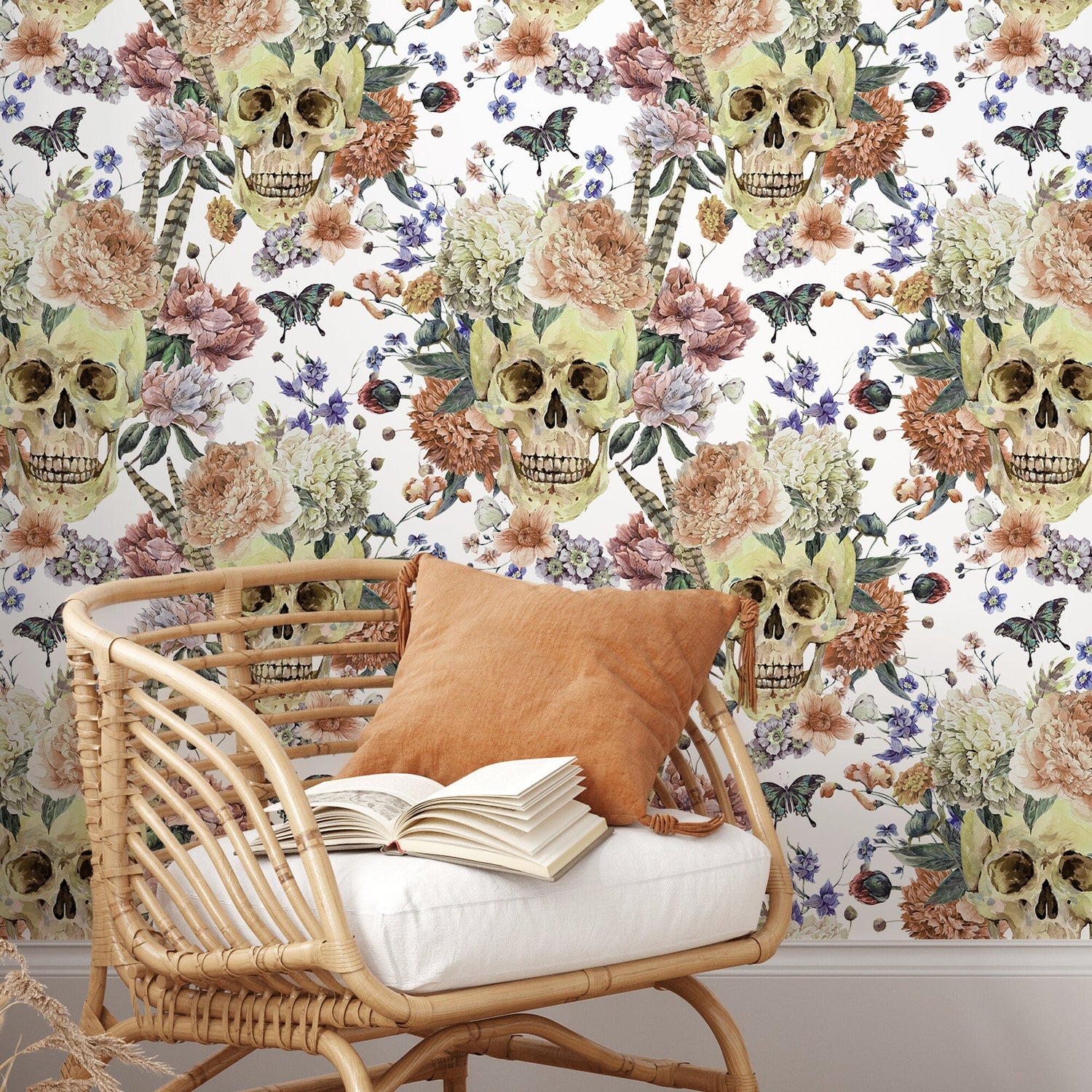 Vintage Floral Wallpaper Roses and Skulls Wallpaper Peel and Stick and Traditional Wallpaper - D923 - WallTrend