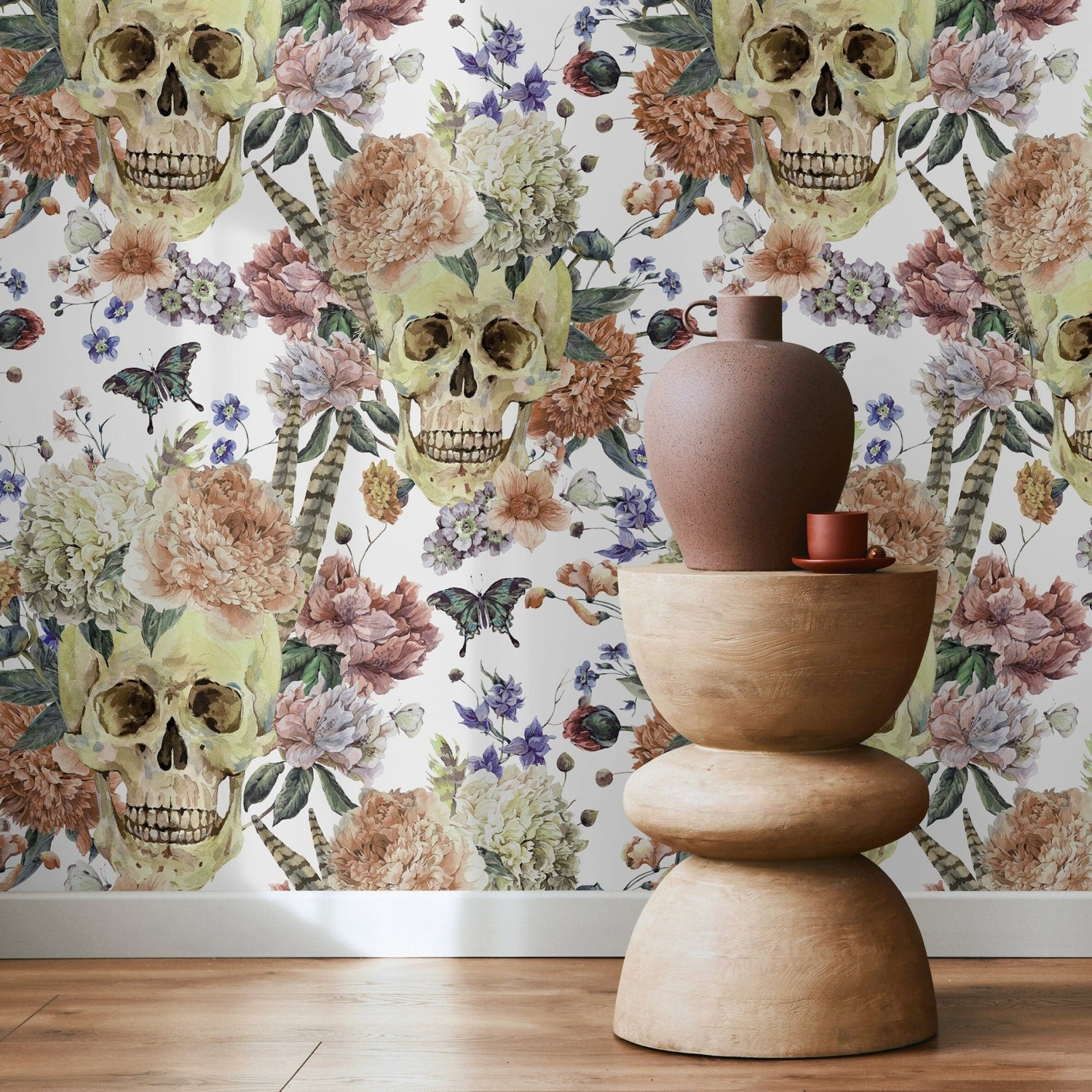 Vintage Floral Wallpaper Roses and Skulls Wallpaper Peel and Stick and Traditional Wallpaper - D923 - WallTrend