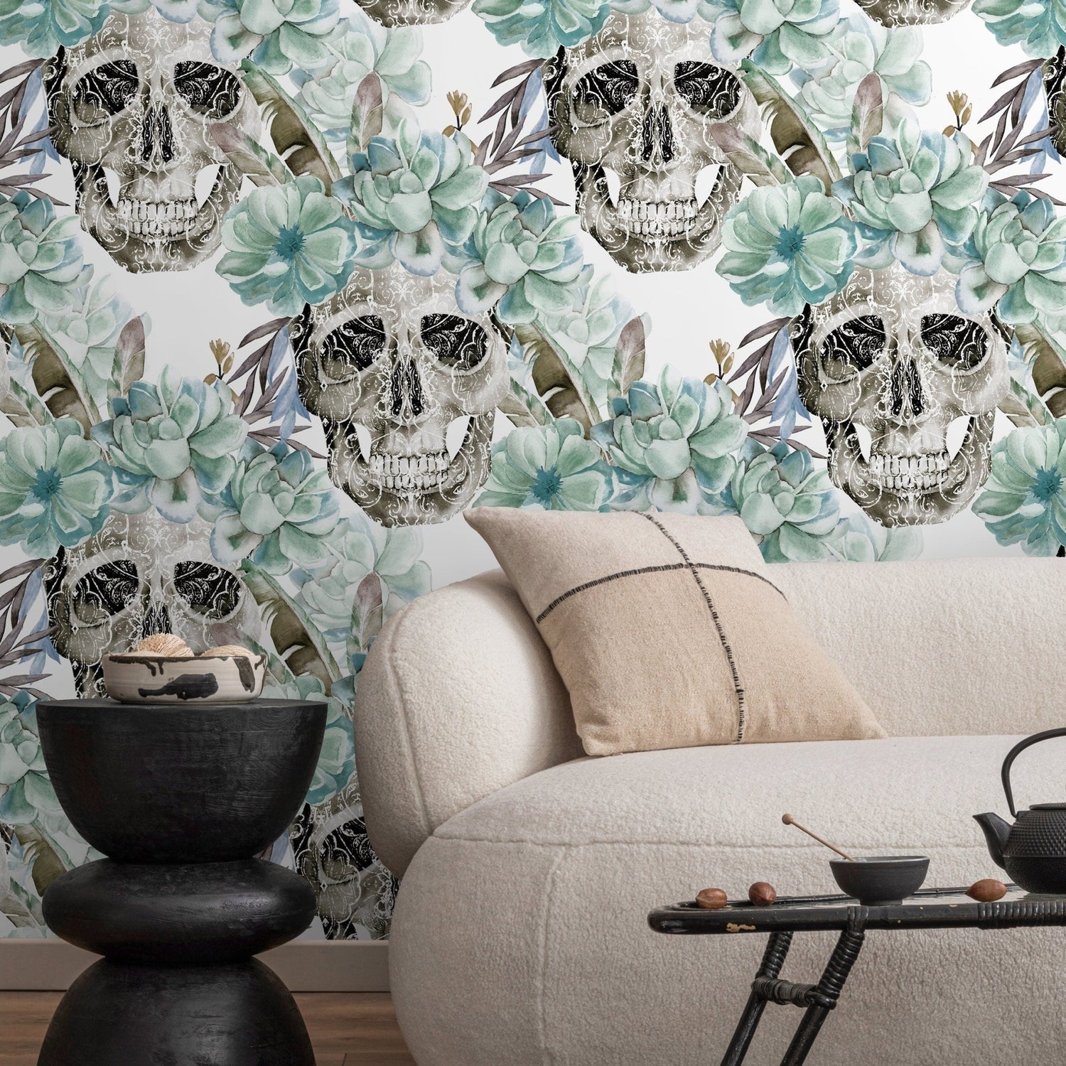Vintage Floral Wallpaper Succulent and Skull Wallpaper Peel and Stick and Traditional Wallpaper - D925 - WallTrend