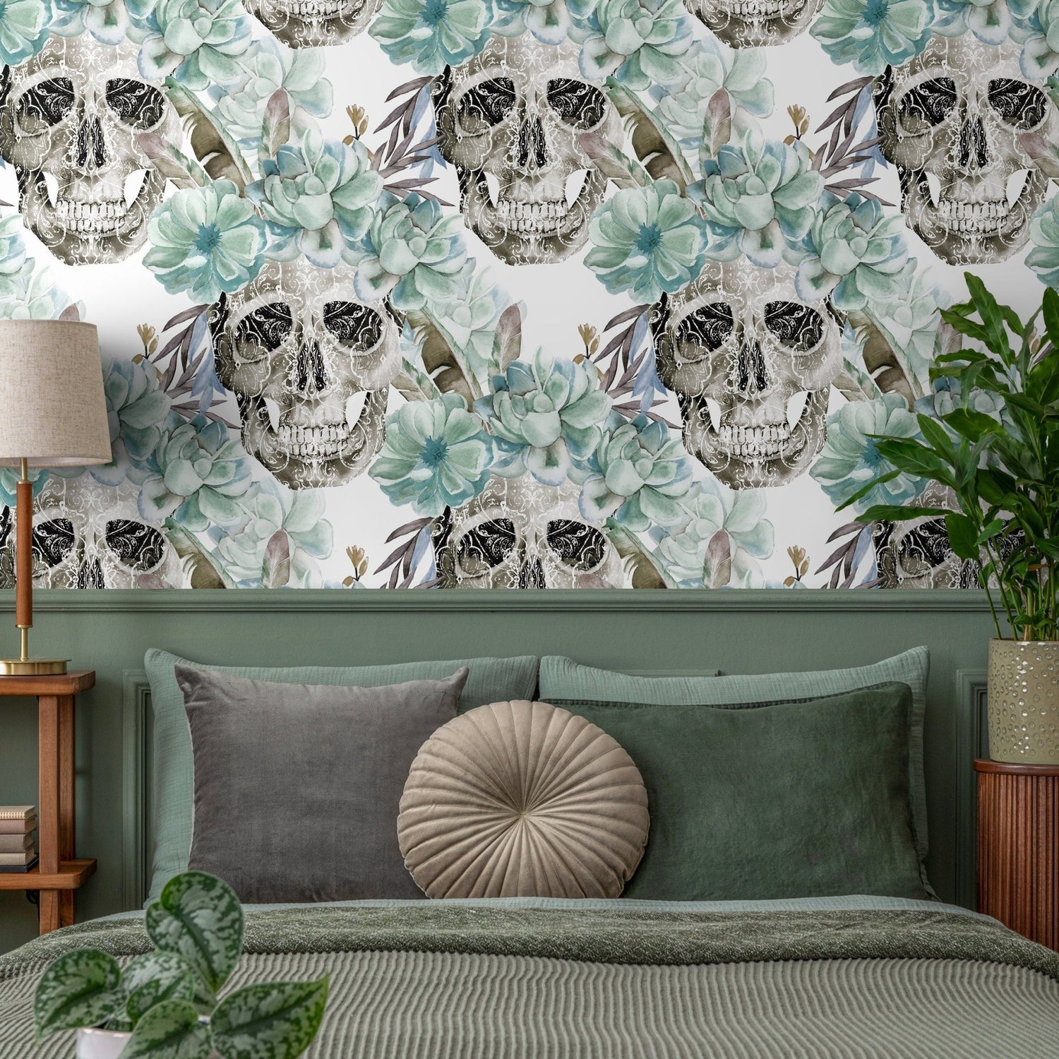 Vintage Floral Wallpaper Succulent and Skull Wallpaper Peel and Stick and Traditional Wallpaper - D925 - WallTrend