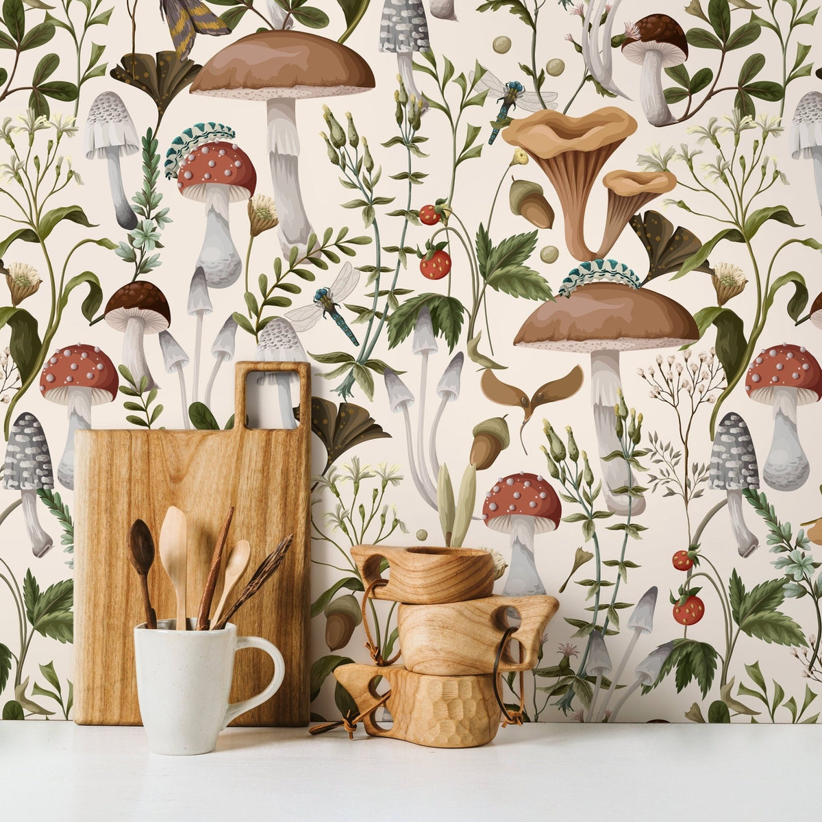 Vintage Mushroom Wallpaper Botanical Wallpaper Peel and Stick and Traditional Wallpaper - D817 - WallTrend