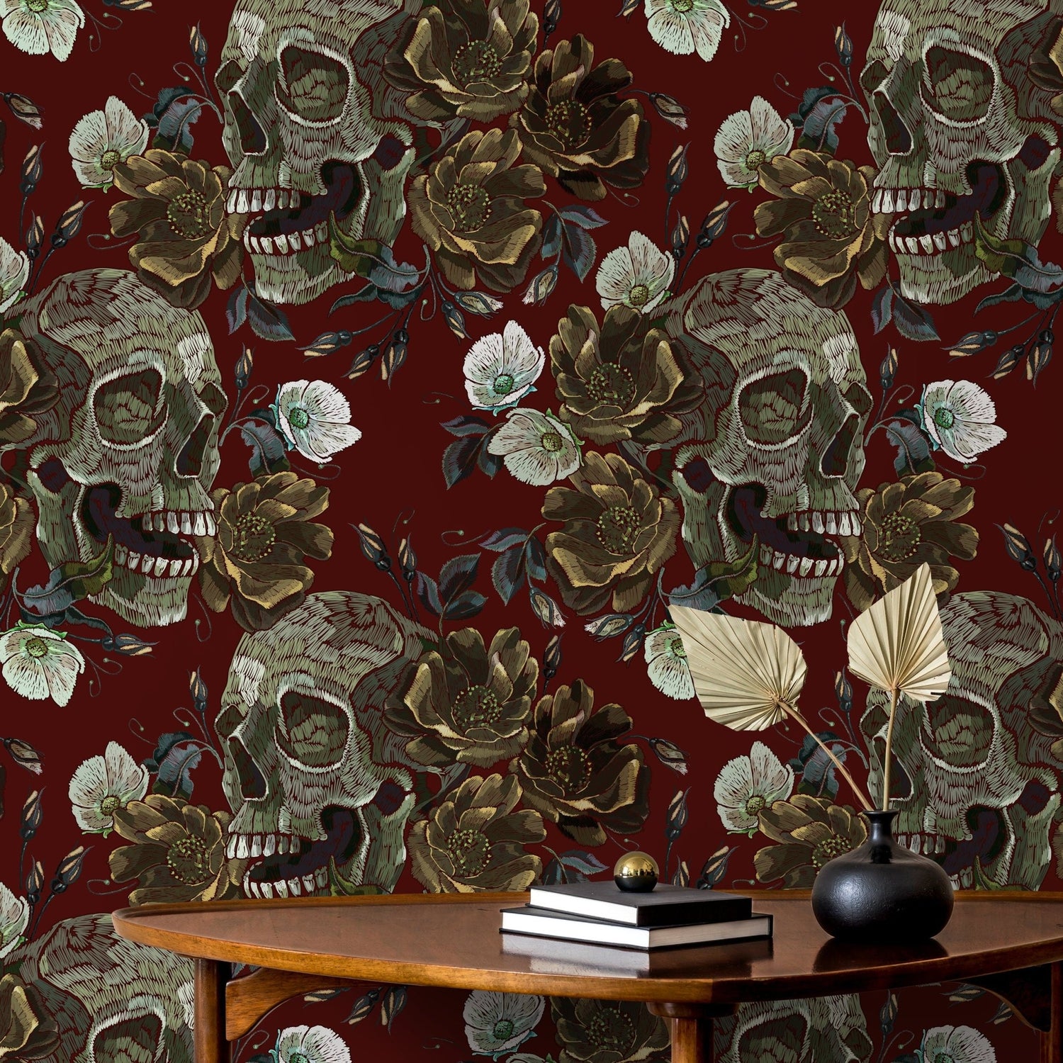 Vintage Roses Wallpaper Skulls Wallpaper Peel and Stick and Traditional Wallpaper - D909 - WallTrend