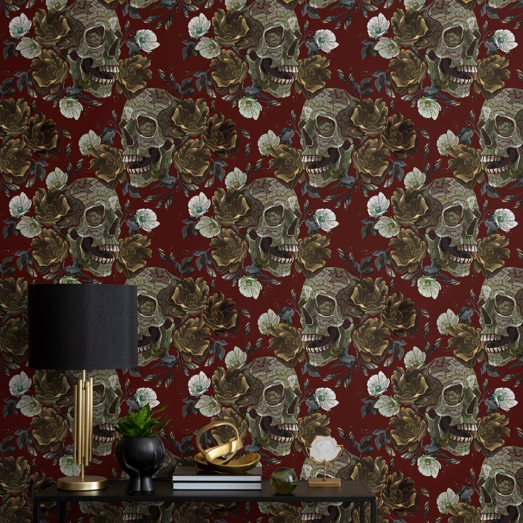 Vintage Roses Wallpaper Skulls Wallpaper Peel and Stick and Traditional Wallpaper - D909 - WallTrend