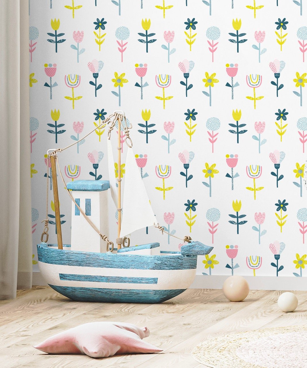 Wall Decor Wallpaper Peel and Stick Wallpaper Removable Wallpaper Home Decor Room Decor / Colorful Floral Scandinavian Kids Wallpaper - B745 - WallTrend