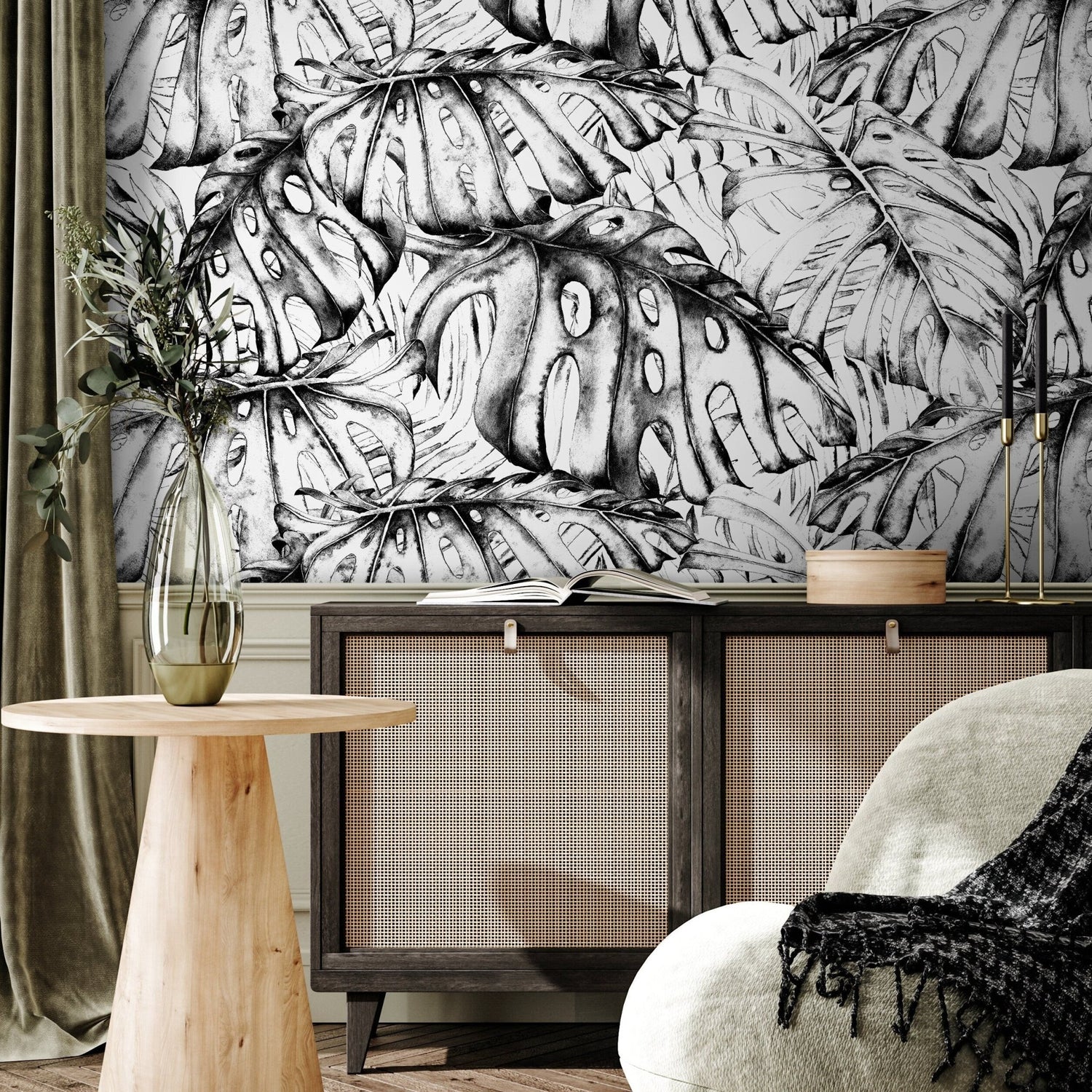 Wall Decor Wallpaper Peel and Stick Wallpaper Removable Wallpaper Home Decor Wall Art Room Decor / Black and White Leaves Wallpaper - B778 - WallTrend