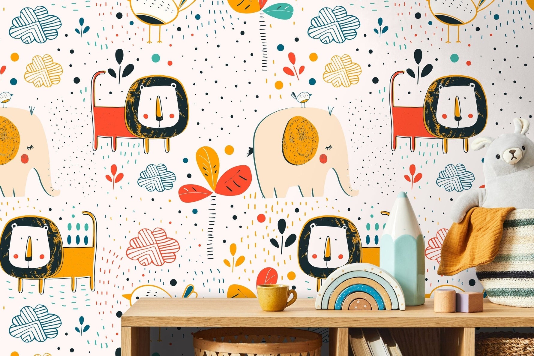 Wall Decor Wallpaper Peel and Stick Wallpaper Removable Wallpaper Home Decor Wall Art Room Decor / Colorful Animal Kids Wallpaper - B738 - WallTrend