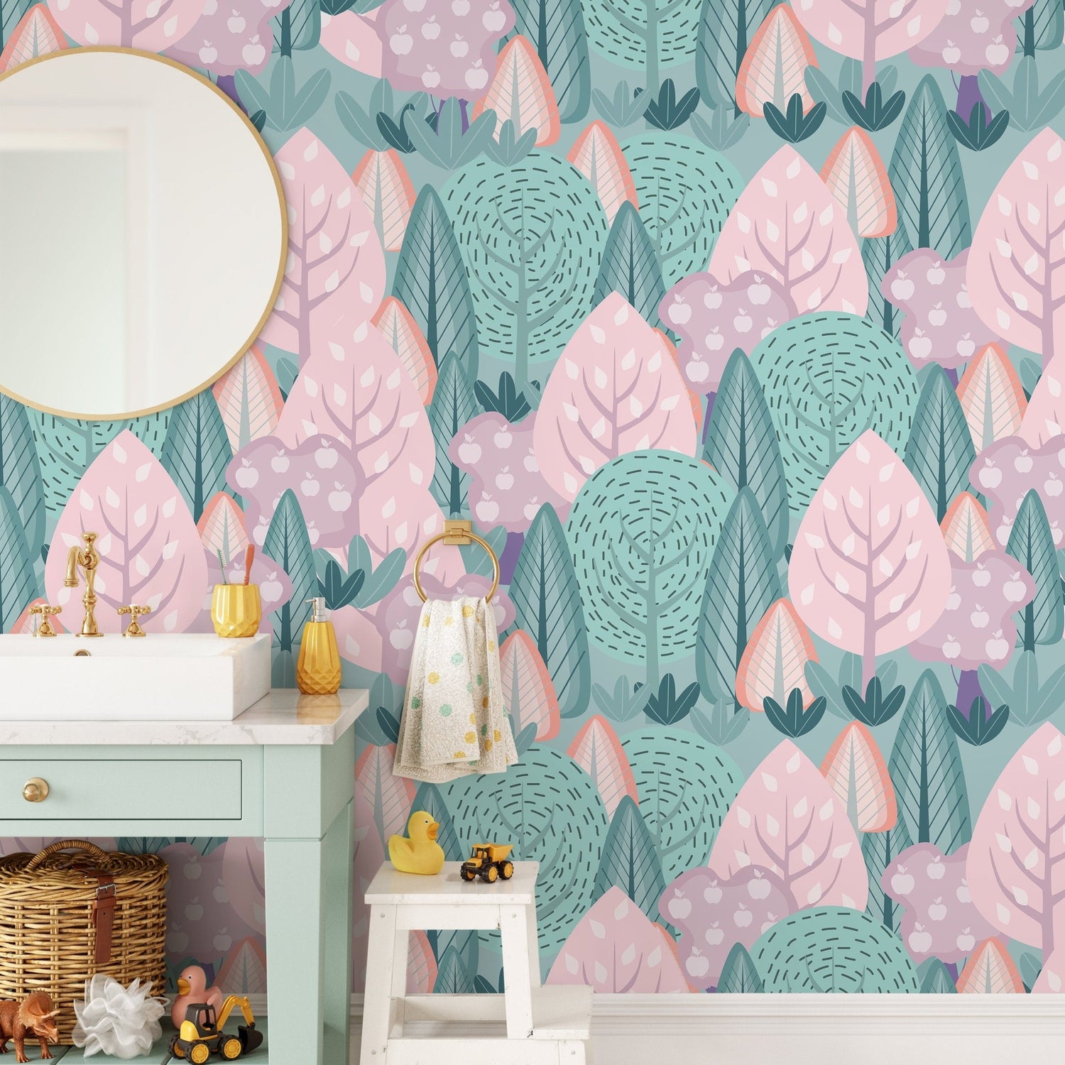 Wall Decor Wallpaper Peel and Stick Wallpaper Removable Wallpaper Home Decor Wall Art Room Decor/ Pink and Green Forest Kids Wallpaper - B747 - WallTrend