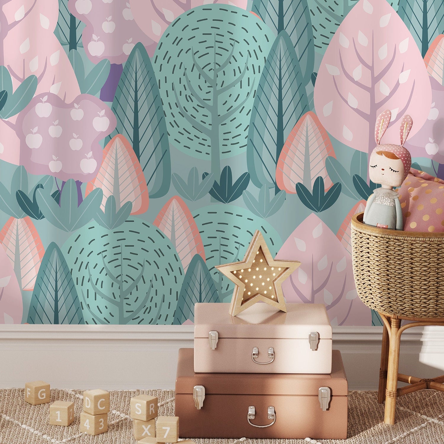 Wall Decor Wallpaper Peel and Stick Wallpaper Removable Wallpaper Home Decor Wall Art Room Decor/ Pink and Green Forest Kids Wallpaper - B747 - WallTrend