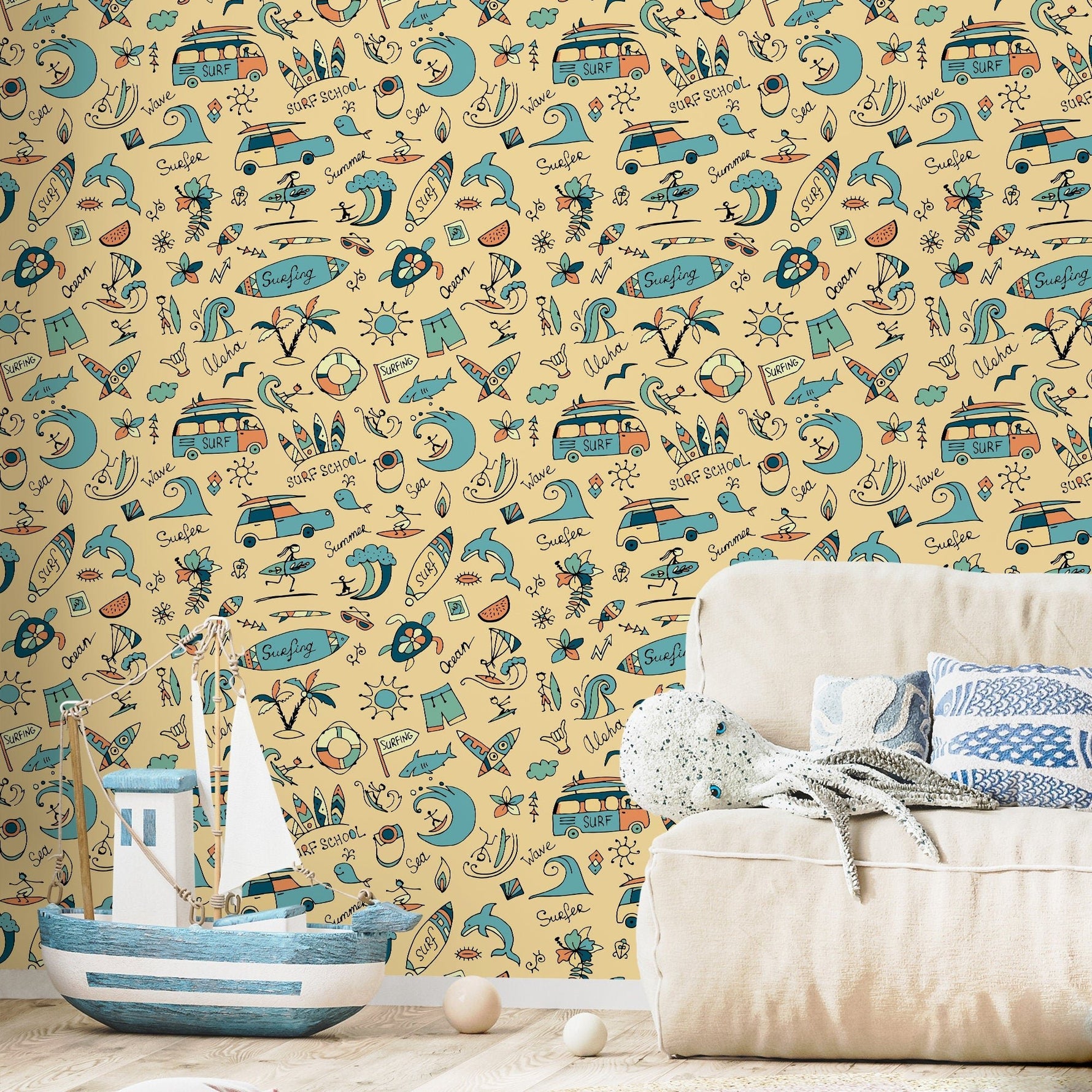Wallpaper Peel and Stick Wallpaper Removable Wallpaper Home Decor Wall Art Room Decor / Yellow Drawing Kids Wallpaper - A093 - WallTrend