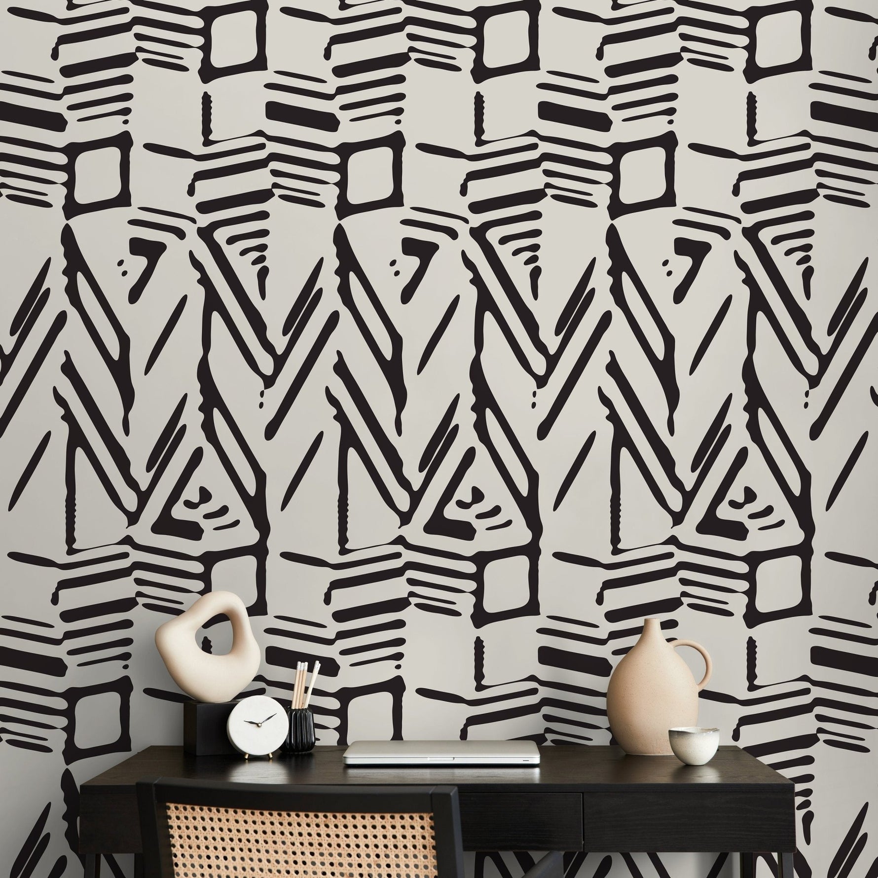 Wallpaper Peel and Stick Wallpaper Removable Wallpaper Home Decor Wall Art Wall Decor Room Decor / Black and Beige Abstract Wallpaper - C568 - WallTrend