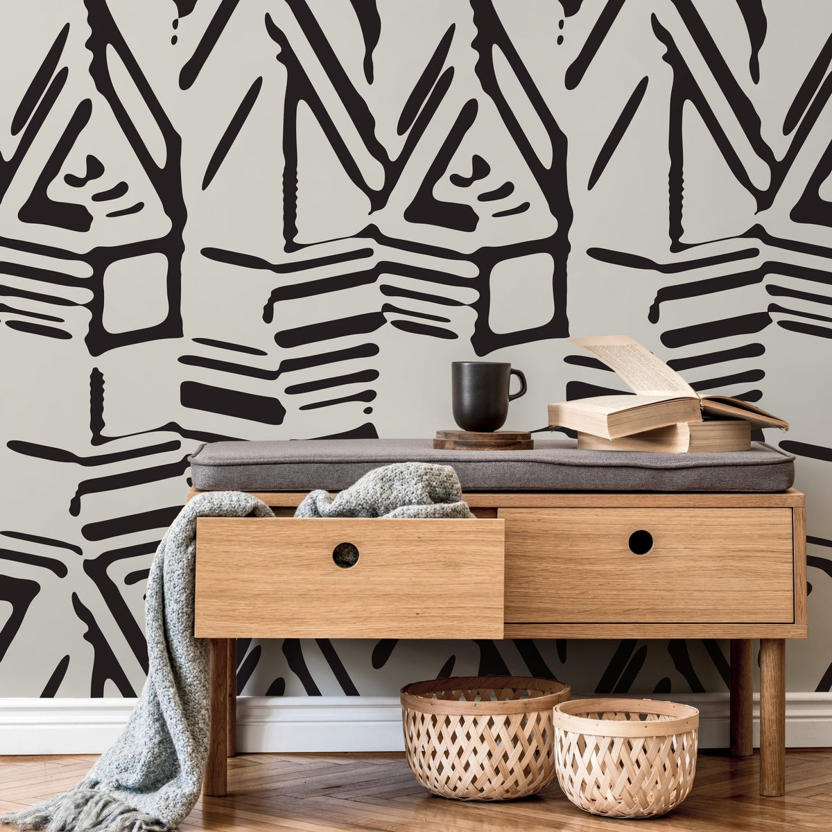 Wallpaper Peel and Stick Wallpaper Removable Wallpaper Home Decor Wall Art Wall Decor Room Decor / Black and Beige Abstract Wallpaper - C568 - WallTrend