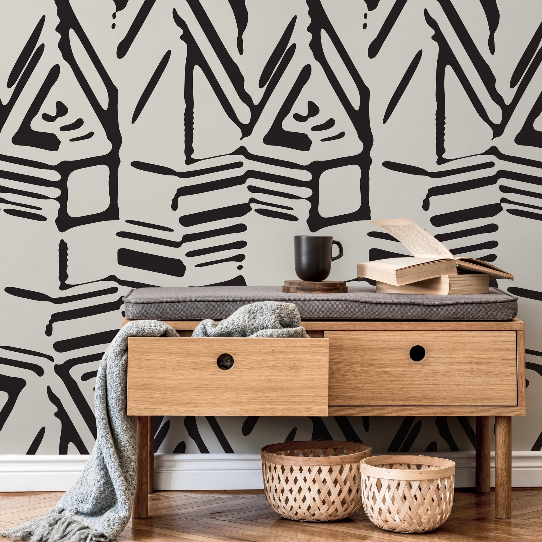 Wallpaper Peel and Stick Wallpaper Removable Wallpaper Home Decor Wall Art Wall Decor Room Decor / Black and Beige Abstract Wallpaper - C568 - WallTrend